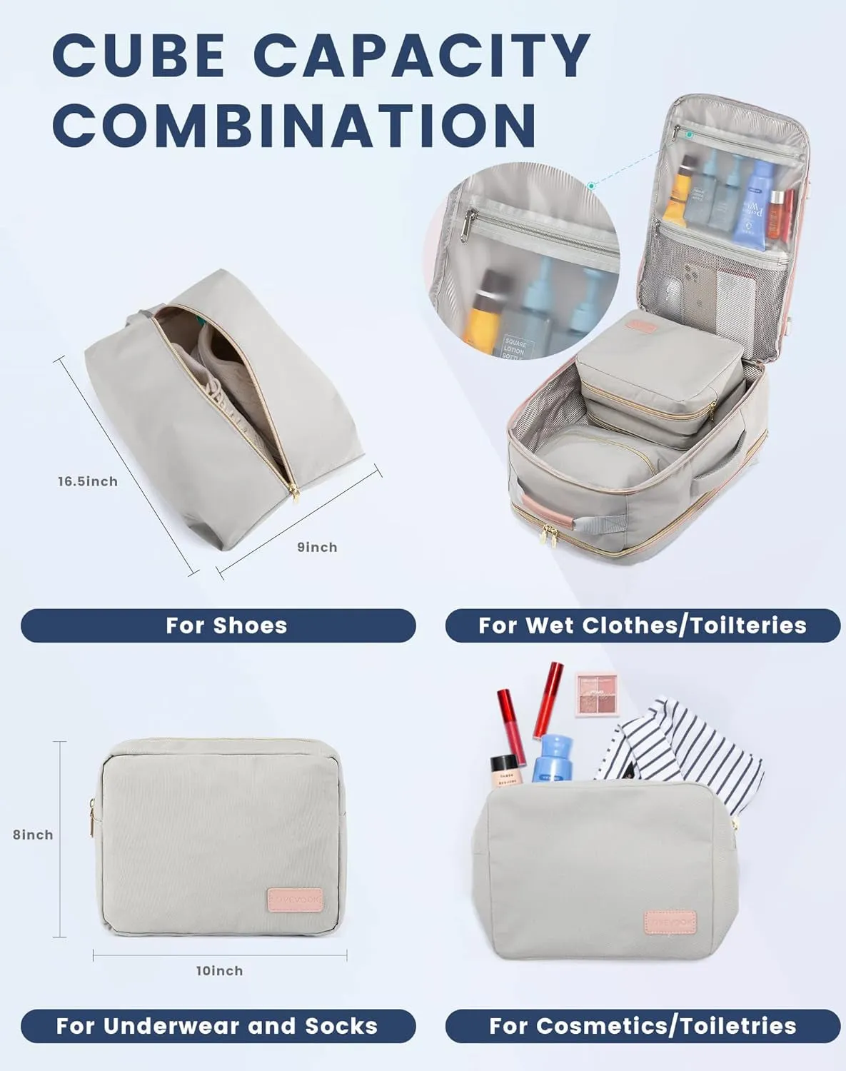 40L Travel Backpack, 17inch Laptop Luggage Daypack with 3 Packing Cubes
