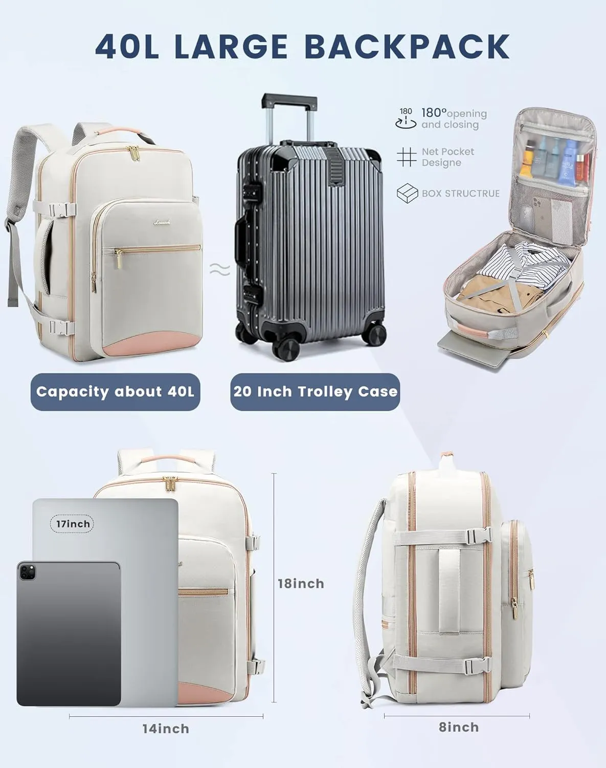 40L Travel Backpack, 17inch Laptop Luggage Daypack with 3 Packing Cubes