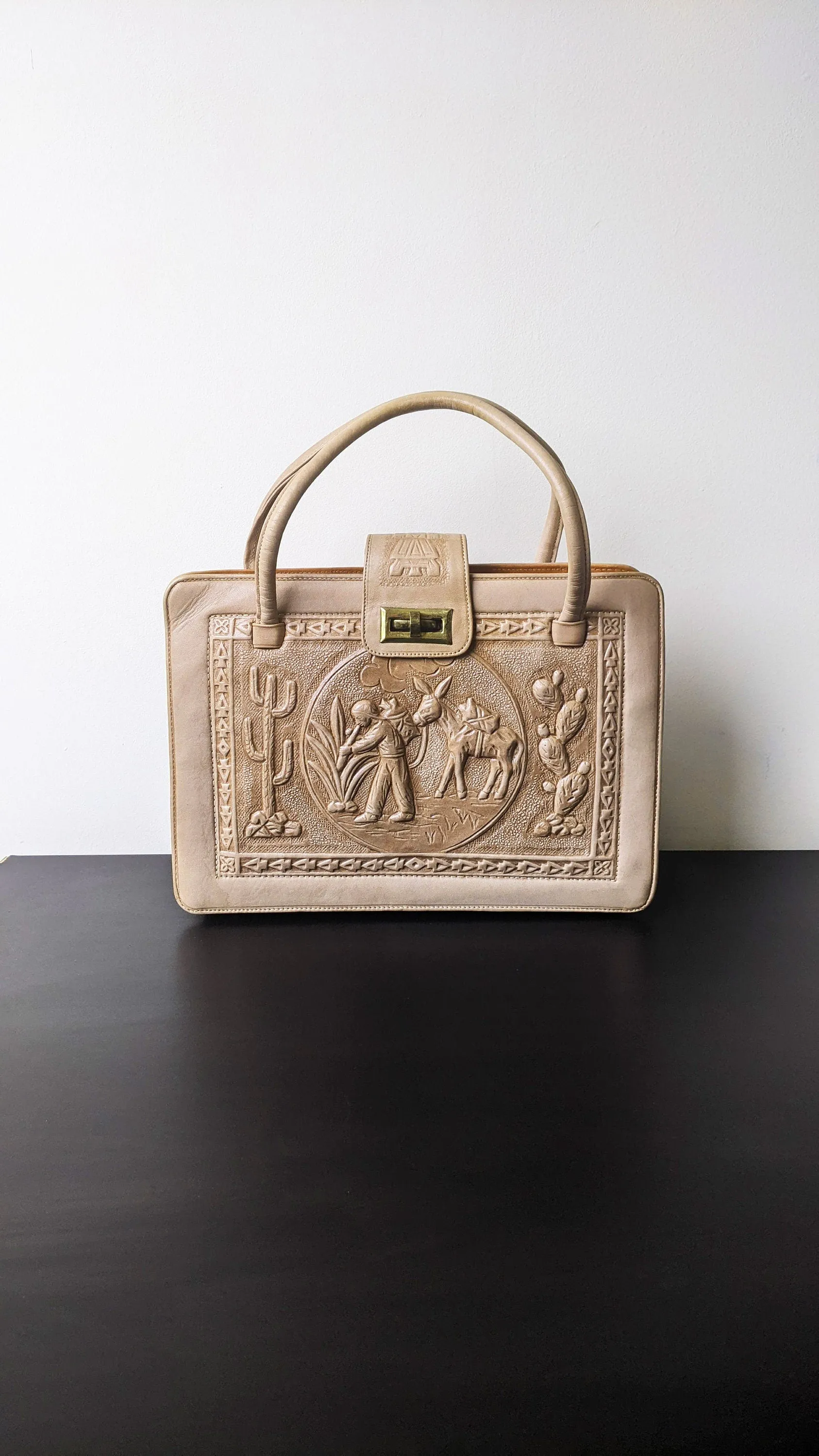60s Tooled Leather Satchel with Mayan Calendar, Mexican Tourist Souvenir Bag