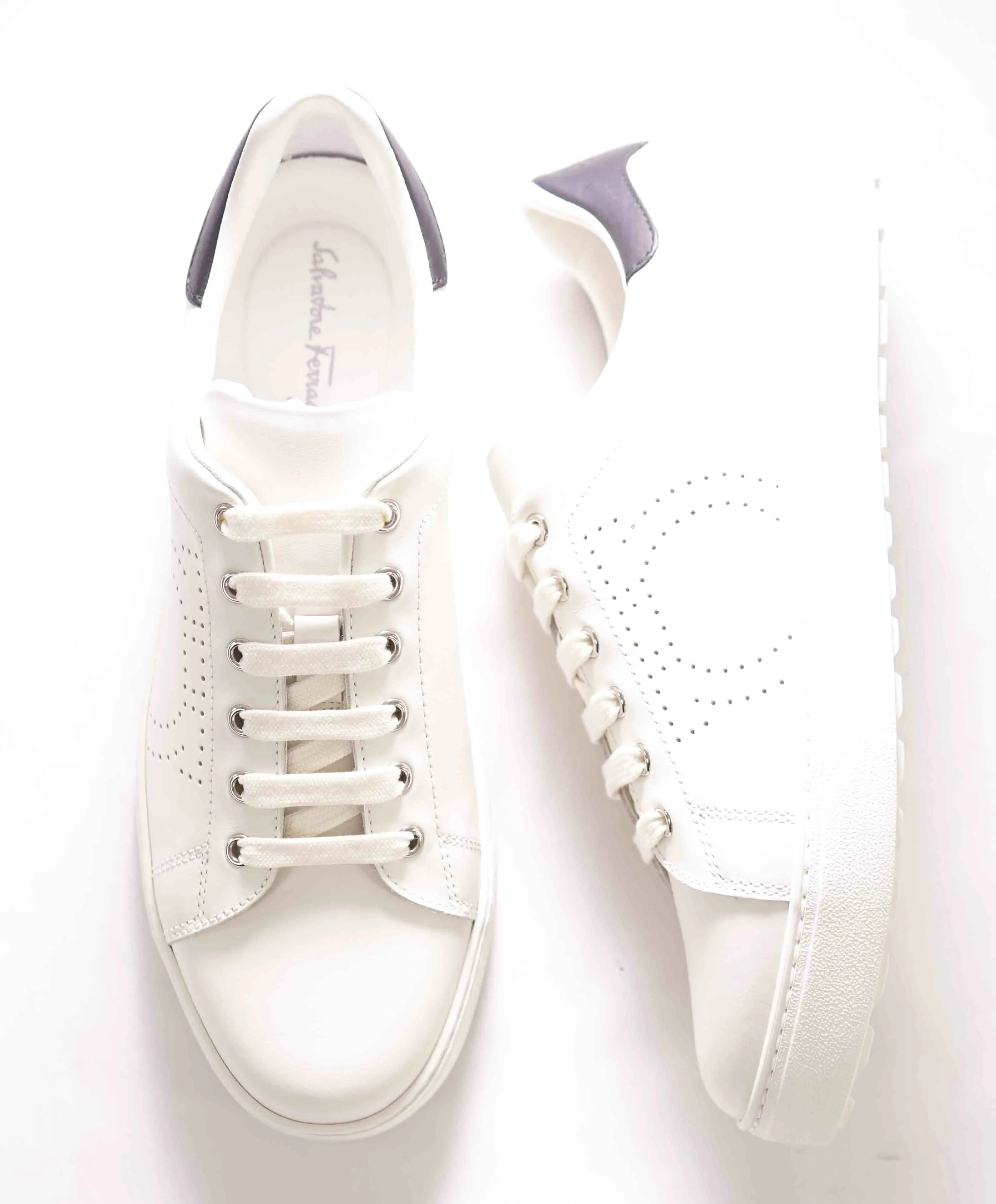 $695 SALVATORE FERRAGAMO - *PIERRE* White/Black Gancini Sneaker - 9.5 US