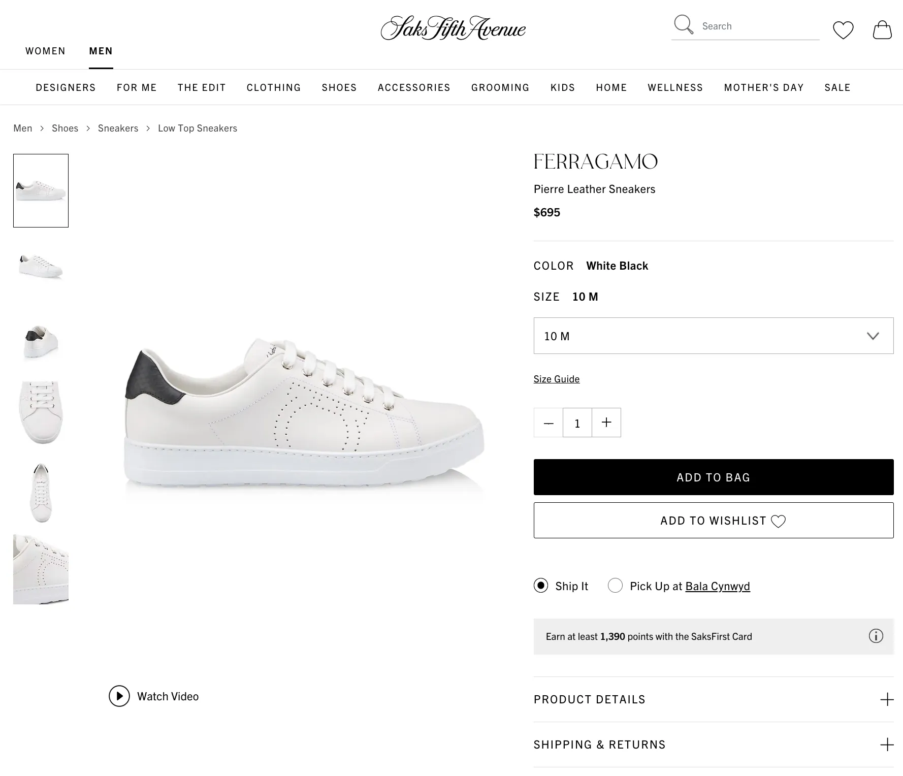 $695 SALVATORE FERRAGAMO - *PIERRE* White/Black Gancini Sneaker - 9.5 US