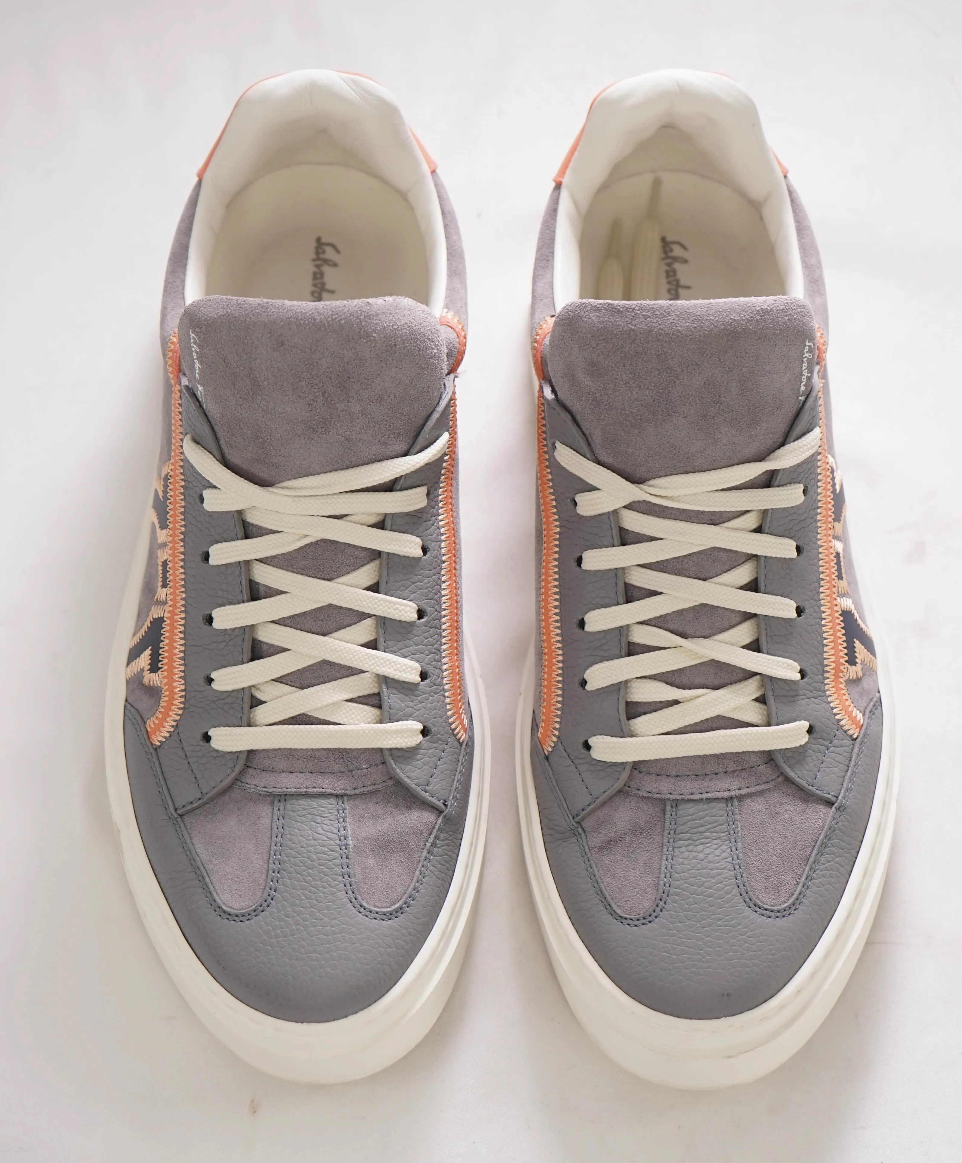 $750 SALVATORE FERRAGAMO - *BORG 5* Gray/Salmon Gancini Sneaker - 10 M US