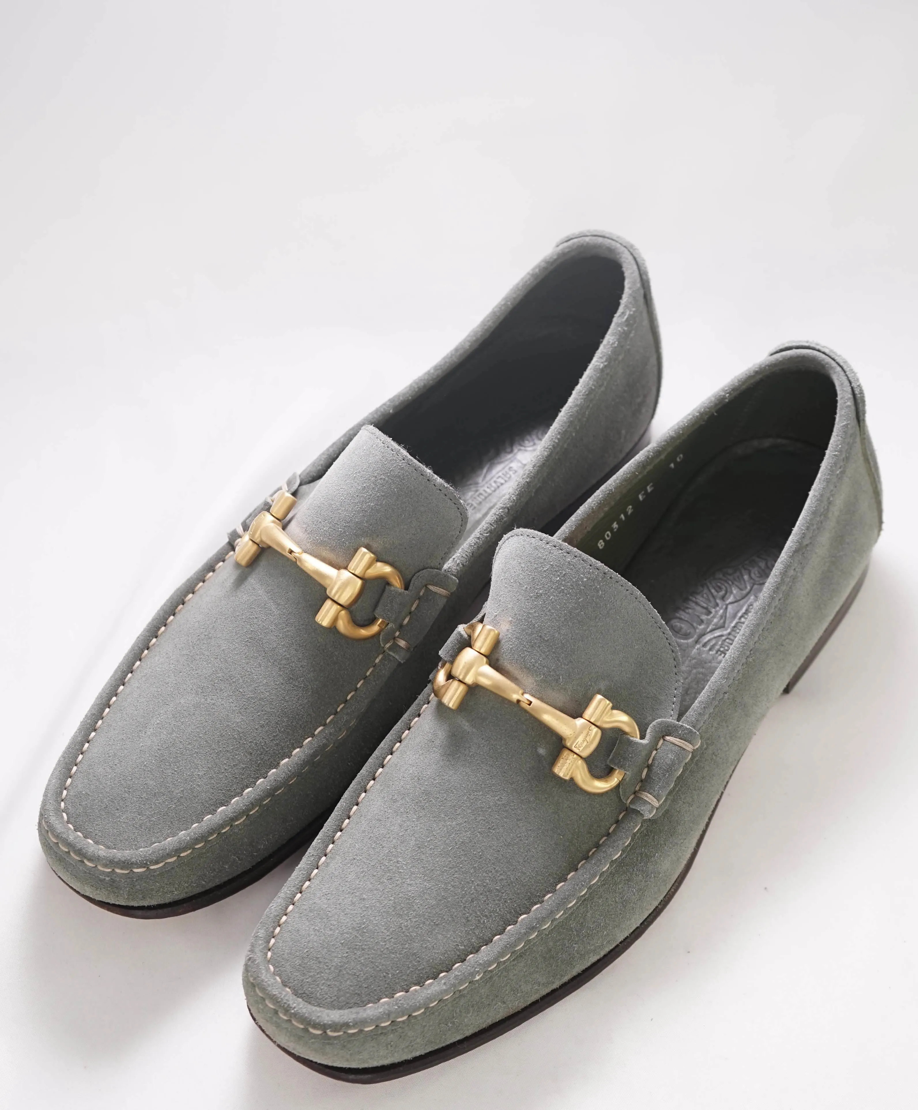 $750 SALVATORE FERRAGAMO - "GIORDANO" Gray Suede Gold Loafer- 10 EE
