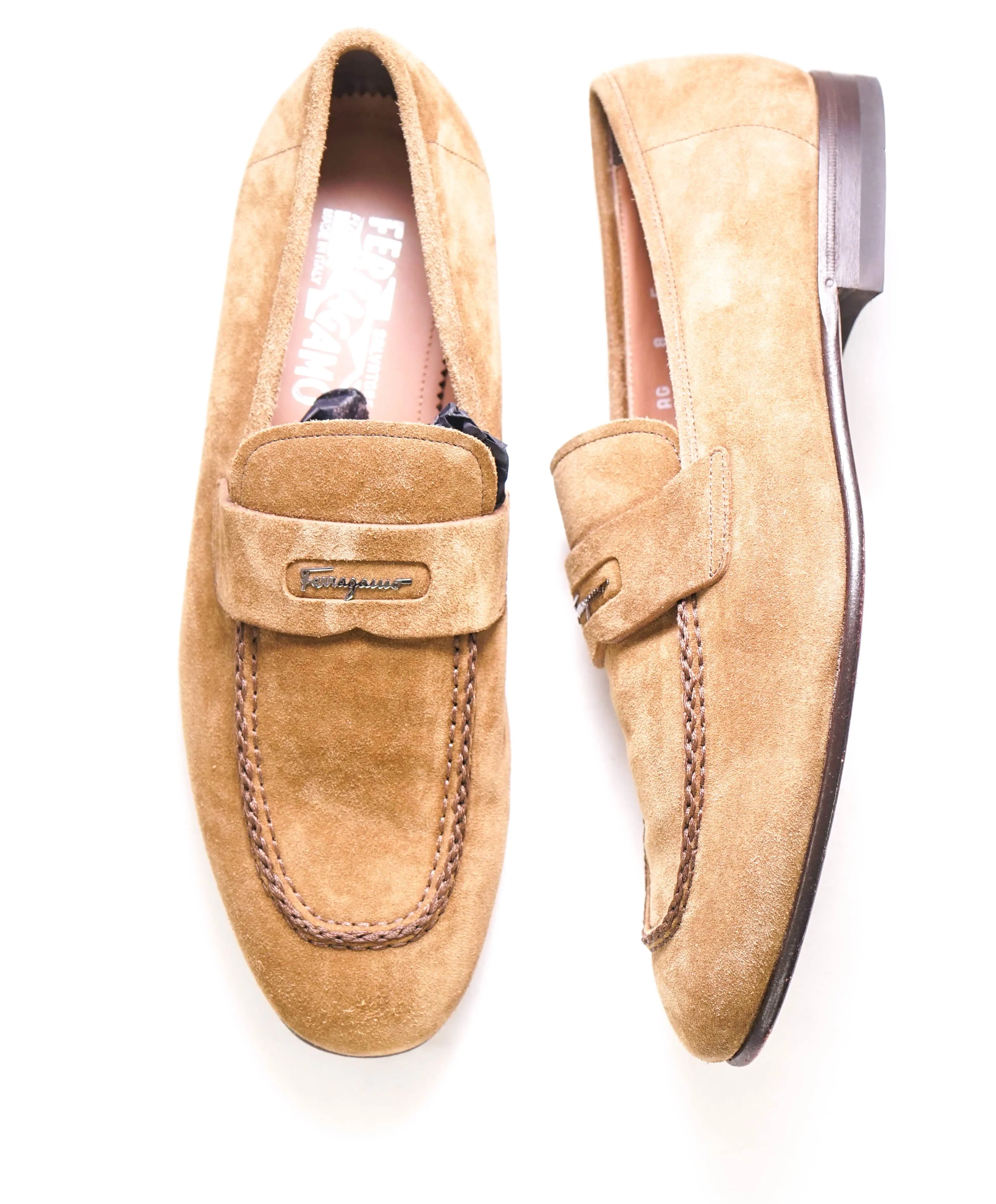 $795 SALVATORE FERRAGAMO - Beige Suede Logo Loafer - 8 US