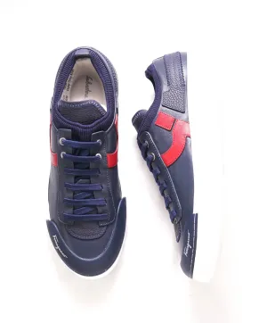 $850 SALVATORE FERRAGAMO - *GANCINI* Navy/Red Leather Sneaker - 7.5 US