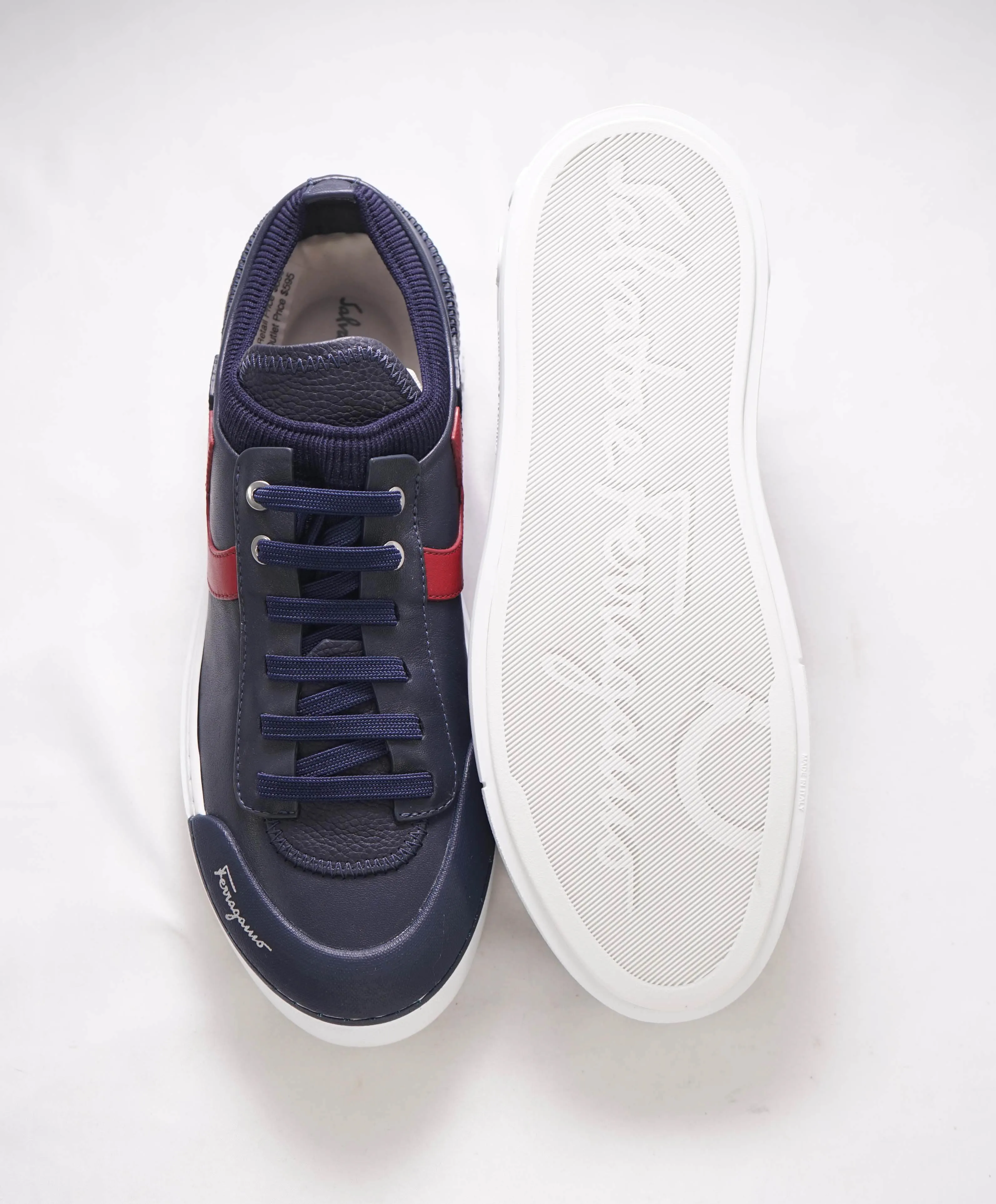 $850 SALVATORE FERRAGAMO - *GANCINI* Navy/Red Leather Sneaker - 7.5 US