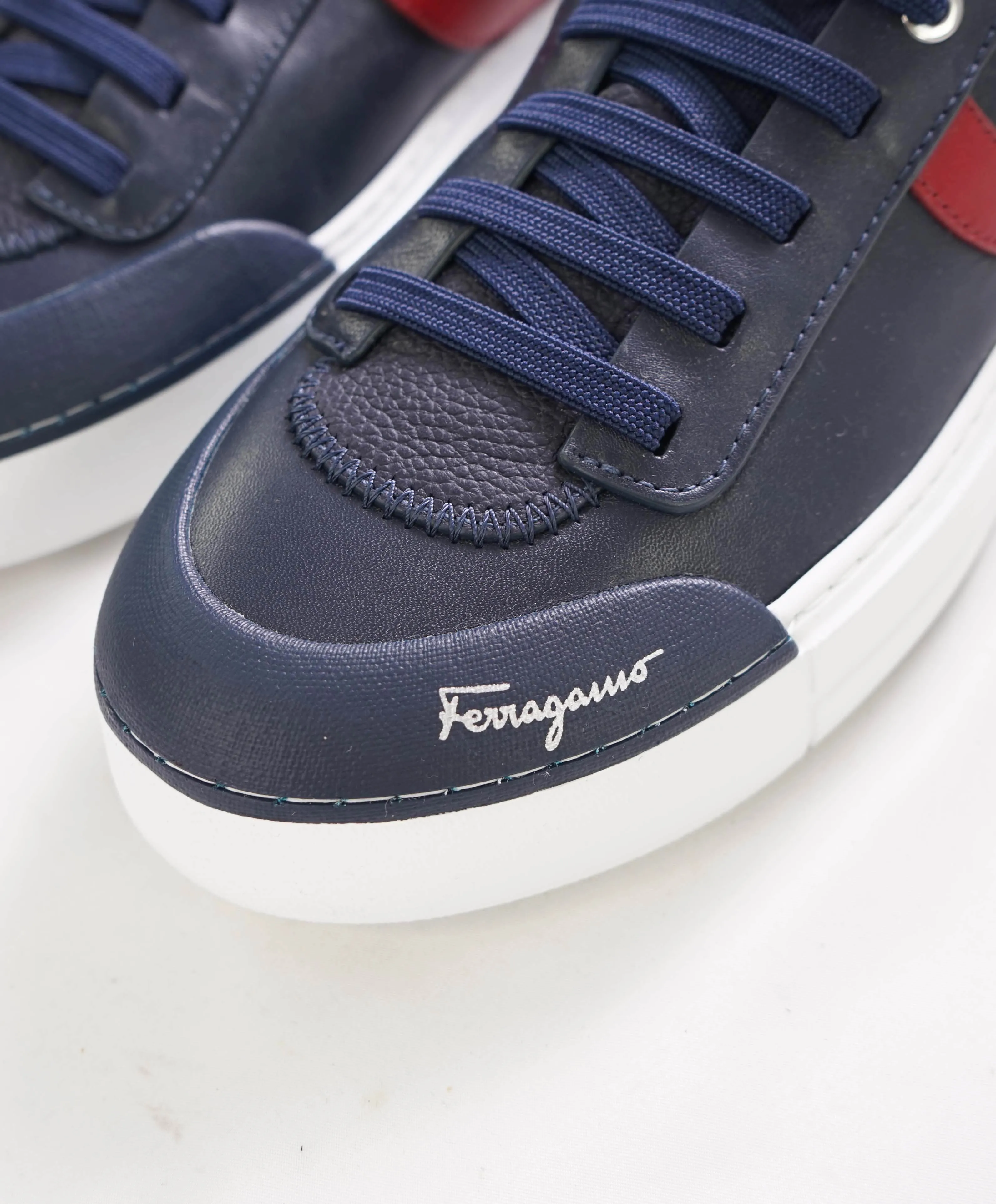 $850 SALVATORE FERRAGAMO - *GANCINI* Navy/Red Leather Sneaker - 7.5 US