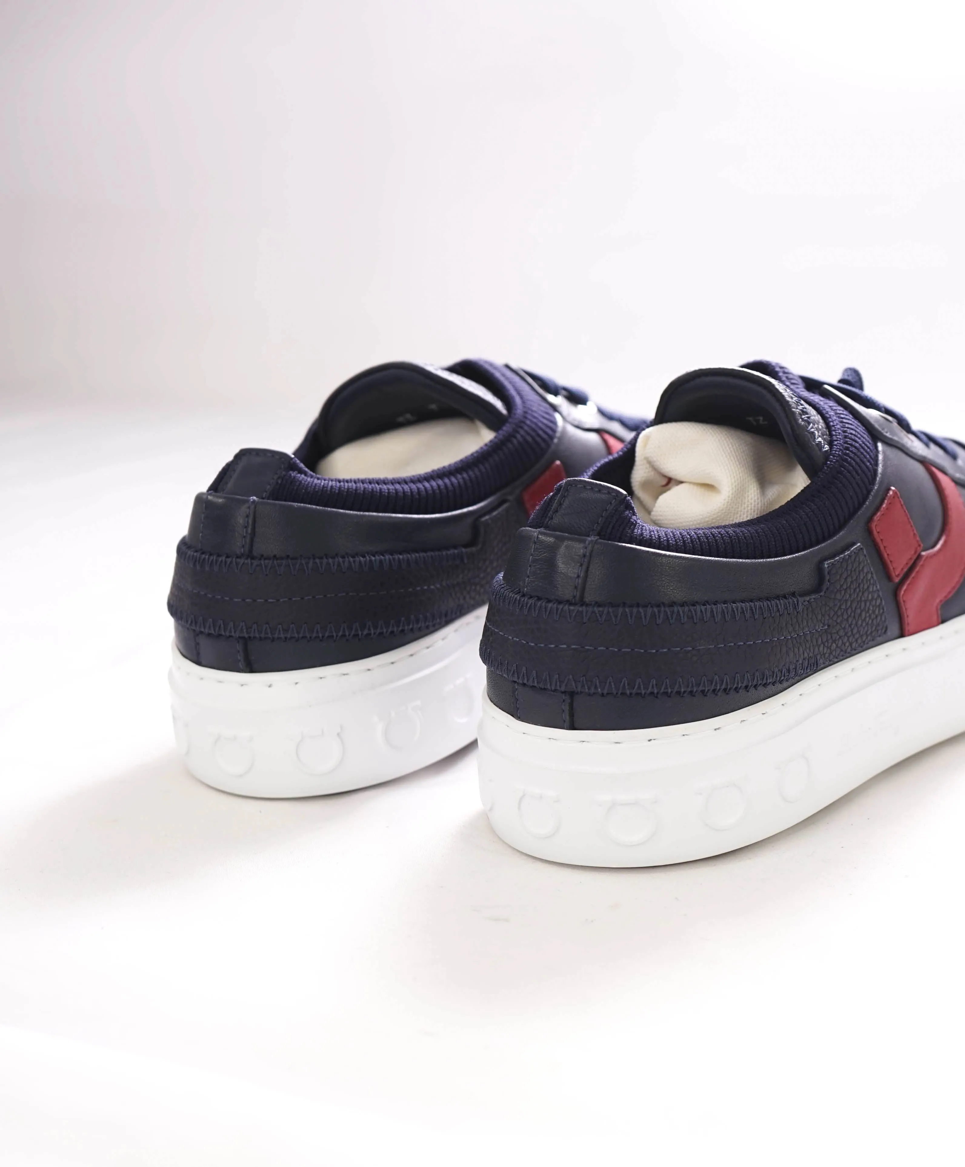 $850 SALVATORE FERRAGAMO - *GANCINI* Navy/Red Leather Sneaker - 7.5 US