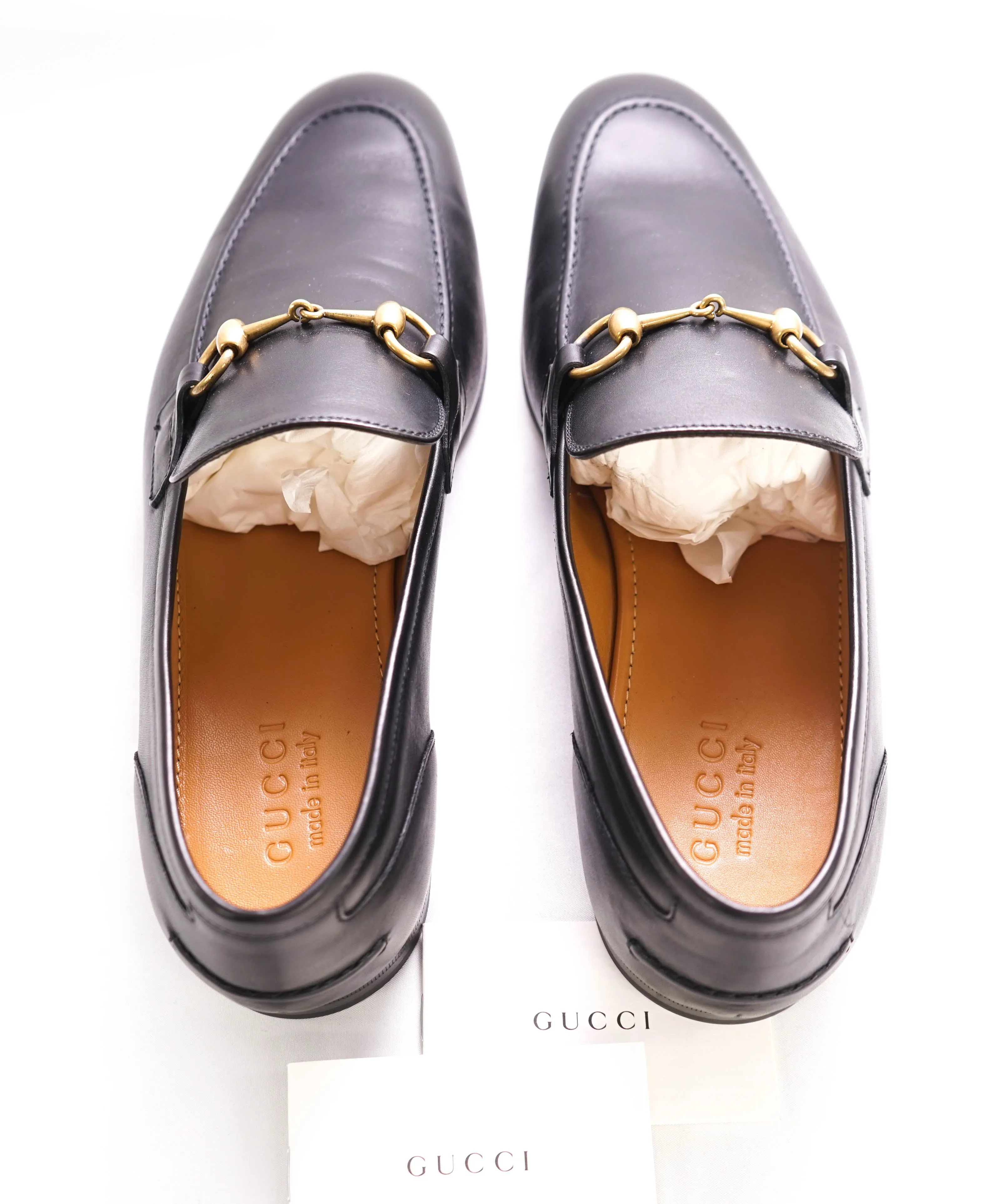 $920 GUCCI - "JORDAAN" Black/Gold ICONIC Horsebit Leather Loafers - 10.5US (10G)
