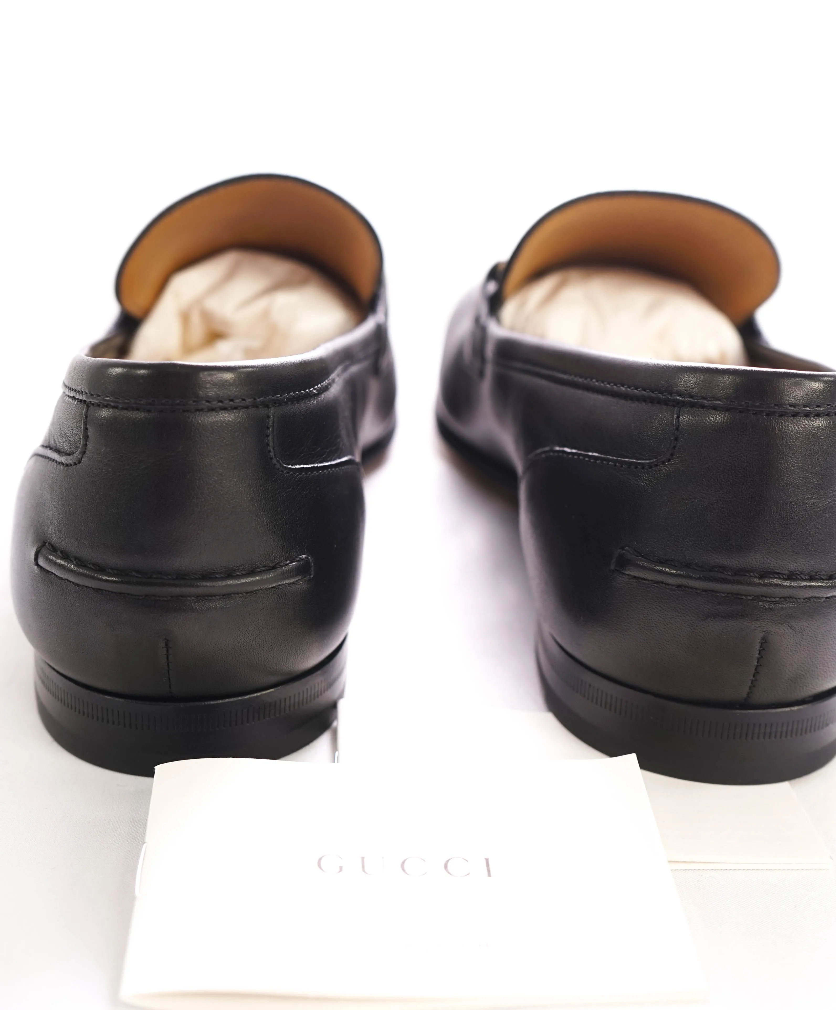 $920 GUCCI - "JORDAAN" Black/Gold ICONIC Horsebit Leather Loafers - 10.5US (10G)