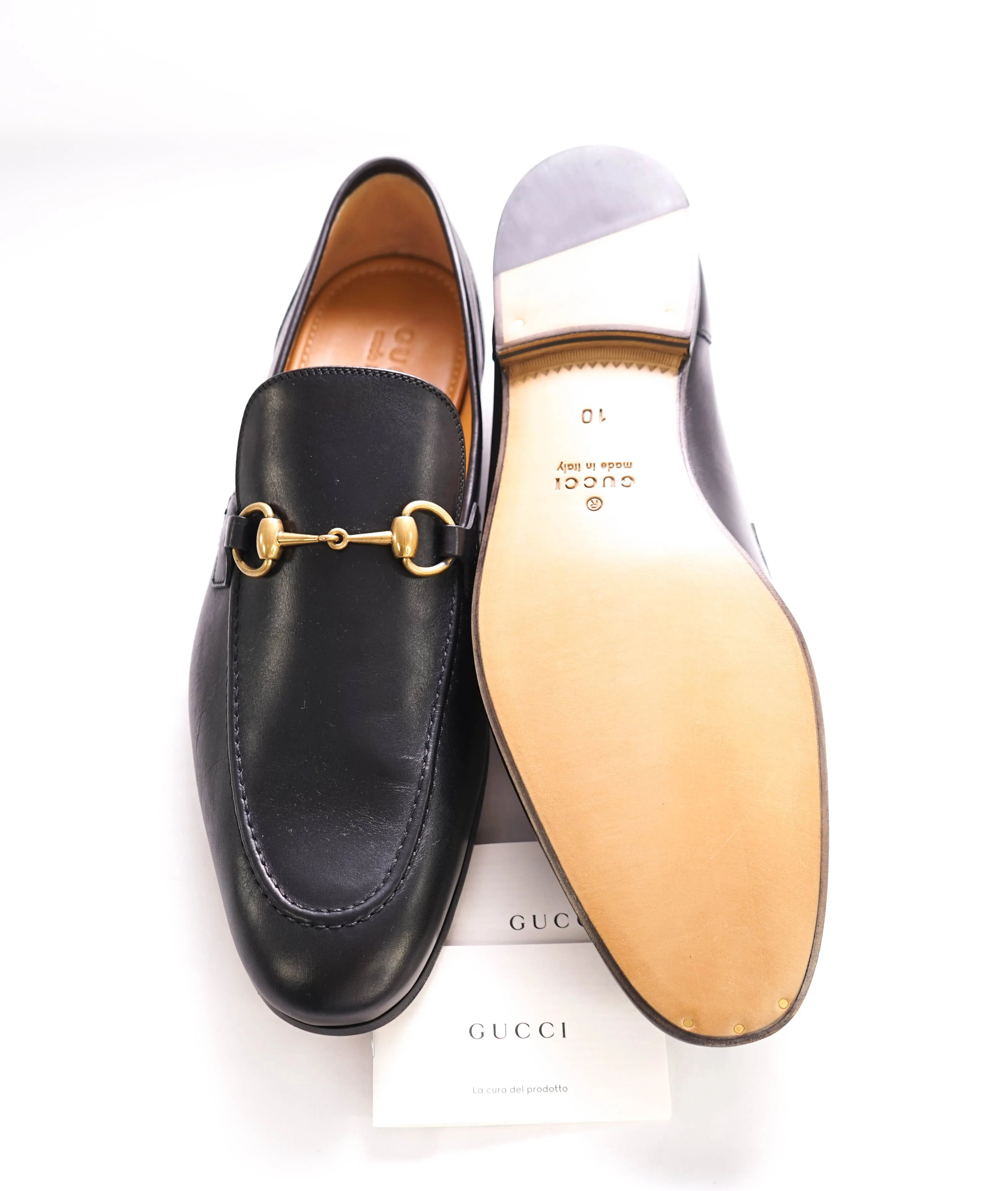 $920 GUCCI - "JORDAAN" Black/Gold ICONIC Horsebit Leather Loafers - 10.5US (10G)