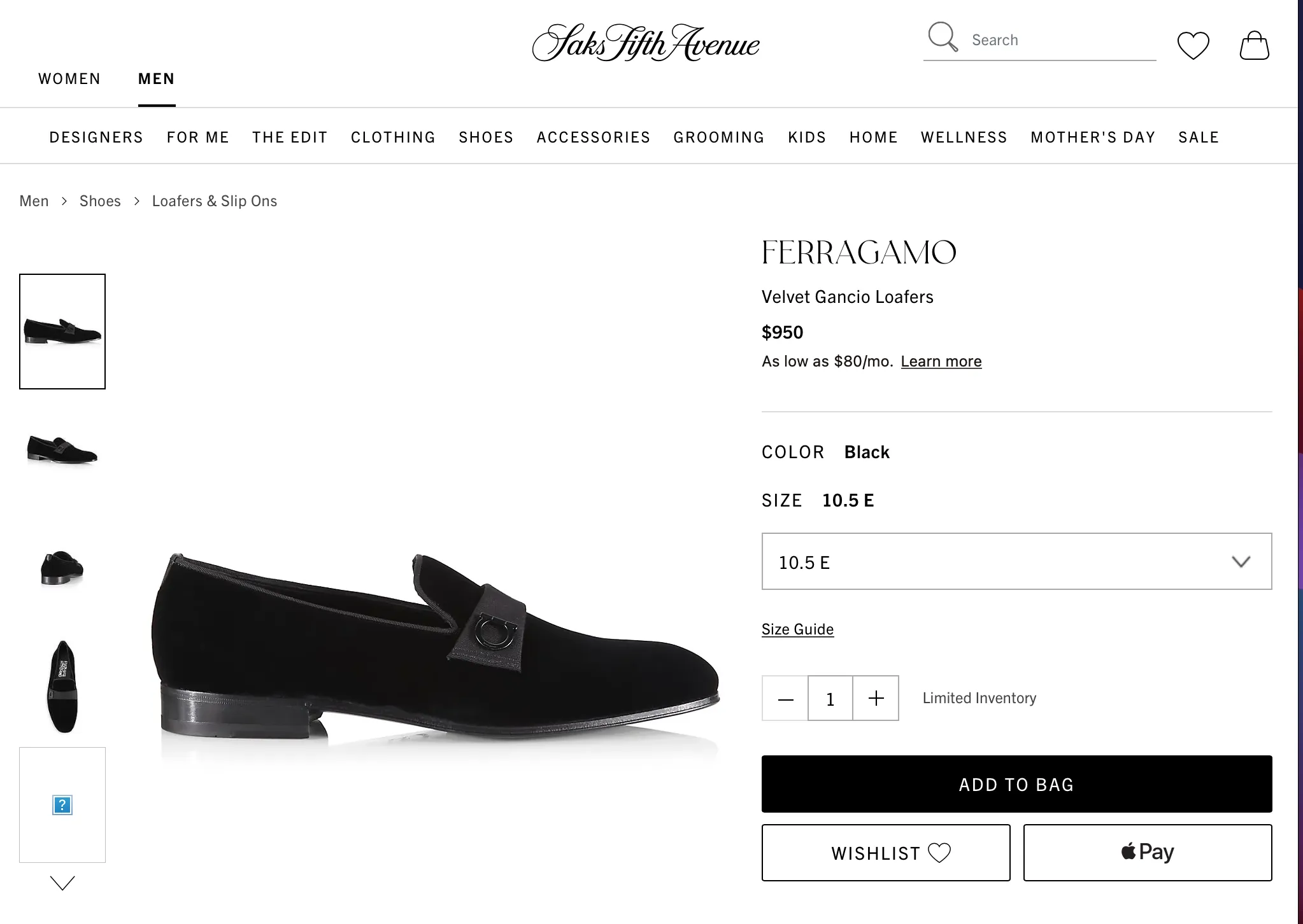 $950 SALVATORE FERRAGAMO - *LAPO * Velvet GANCINI Smoking Loafer - 10 E US
