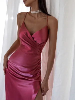 Back to School Ruched Satin Midi Dress V Neck Skinny Shoulder Straps Double Layer Draped Suspender Dress Side Slit Lady Party Evening Dresses