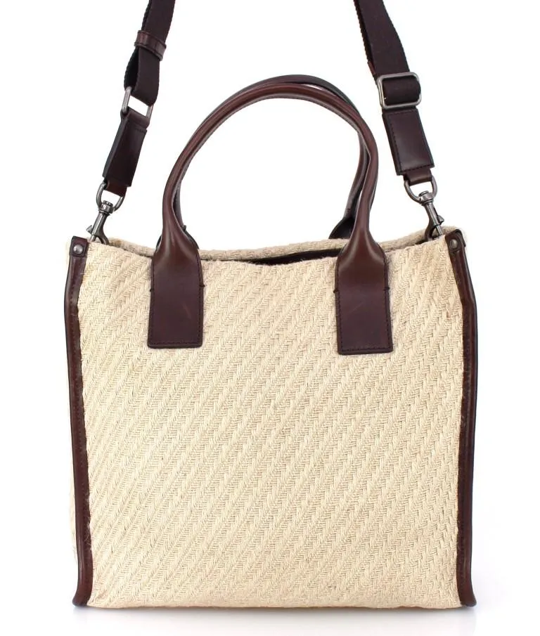 Beige leather travel tote bag
