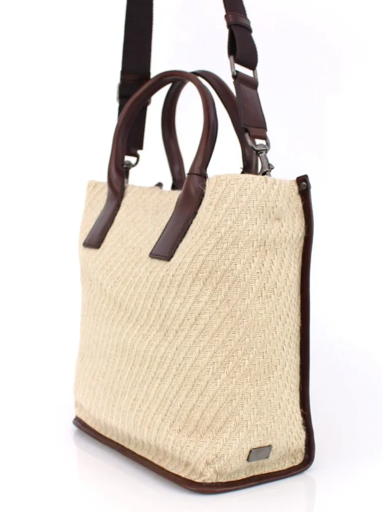 Beige leather travel tote bag