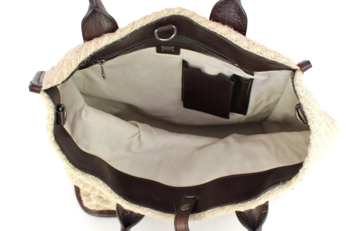 Beige leather travel tote bag