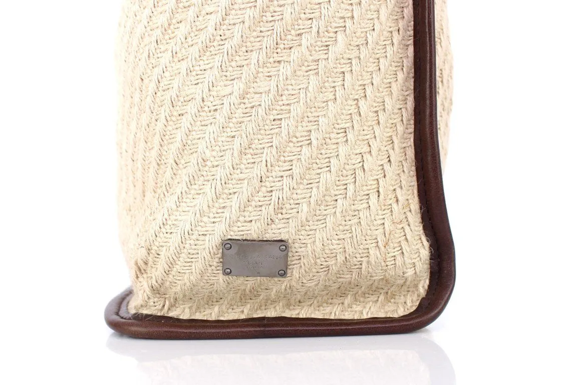 Beige leather travel tote bag