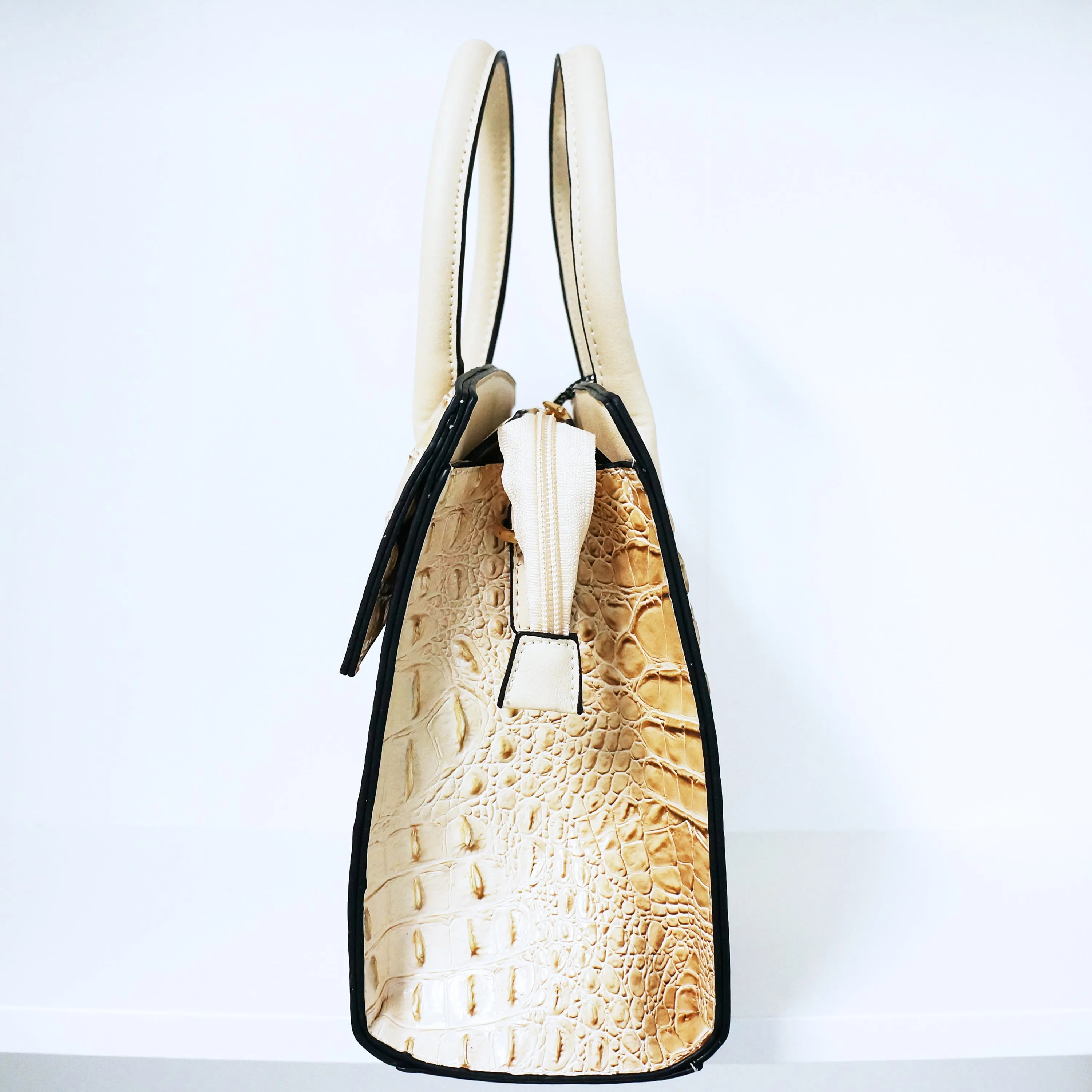 Beige Ring Accent Crocodile Satchel Bag | ALPHONSINA