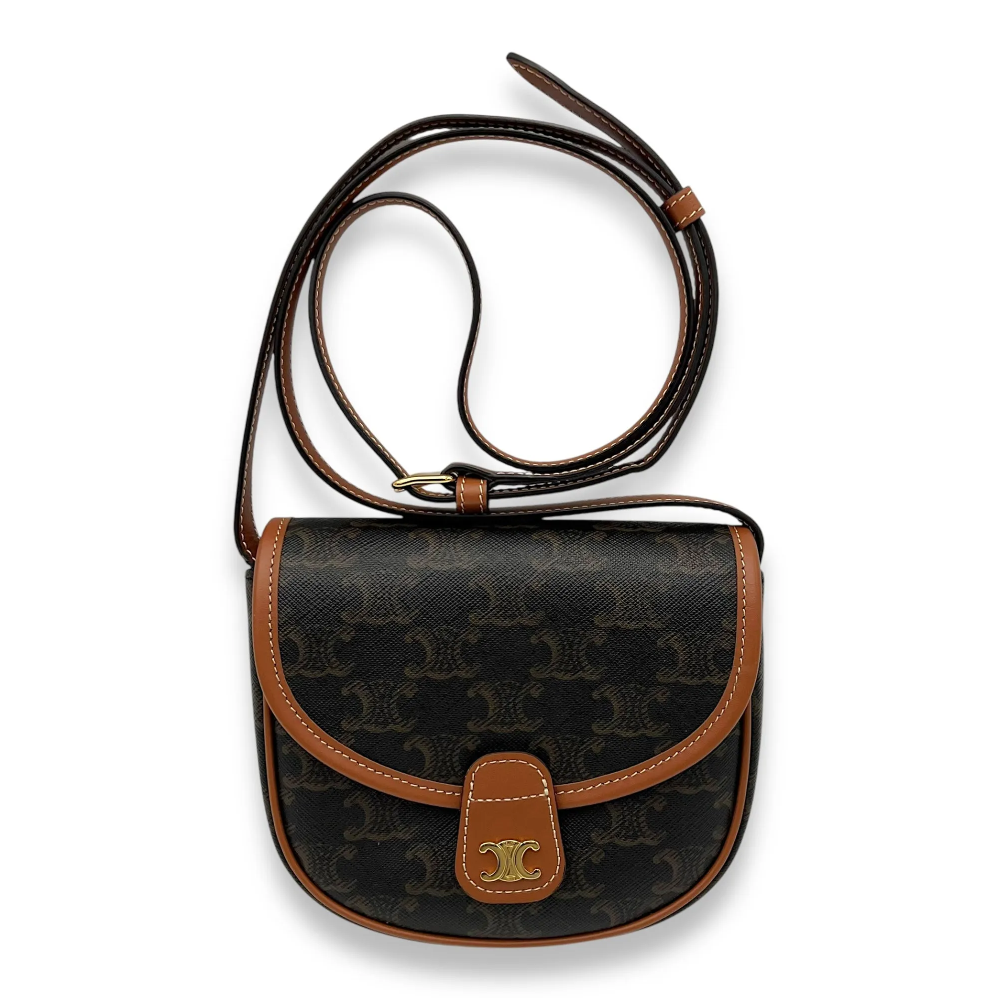 Besace Crossbody Bag Mini Brown in Coated Canvas, Gold hardware