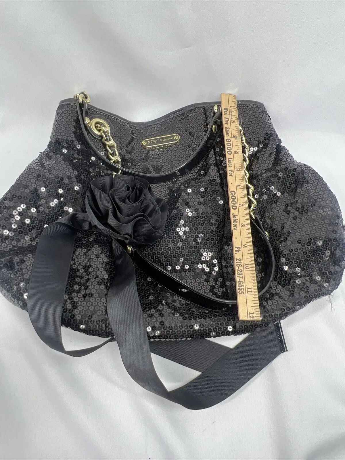 Betsey Johnson Black Sequin Braided Gold Chain Sequin Shoulder Bag Snap Purse