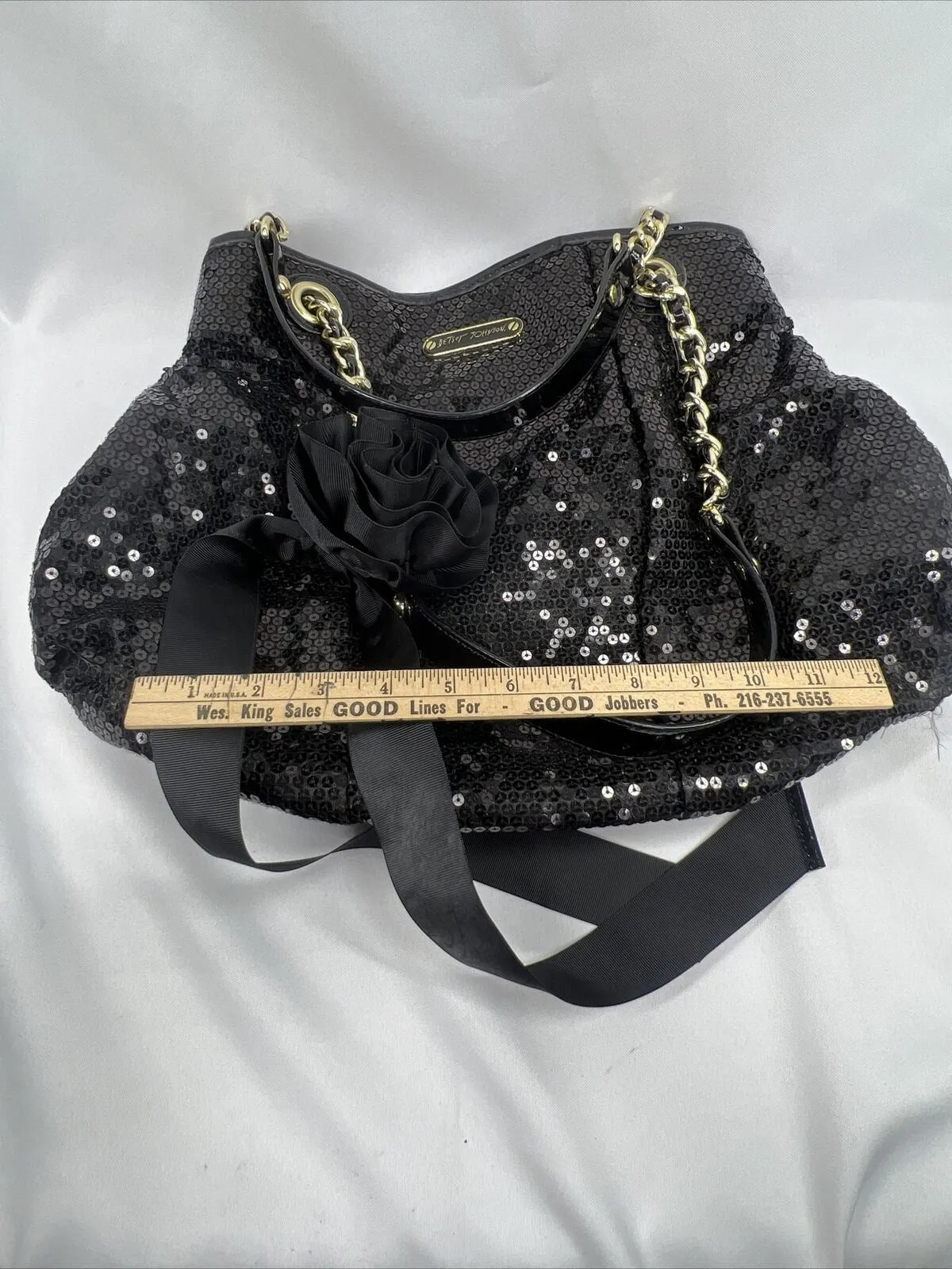 Betsey Johnson Black Sequin Braided Gold Chain Sequin Shoulder Bag Snap Purse