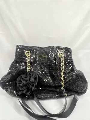 Betsey Johnson Black Sequin Braided Gold Chain Sequin Shoulder Bag Snap Purse