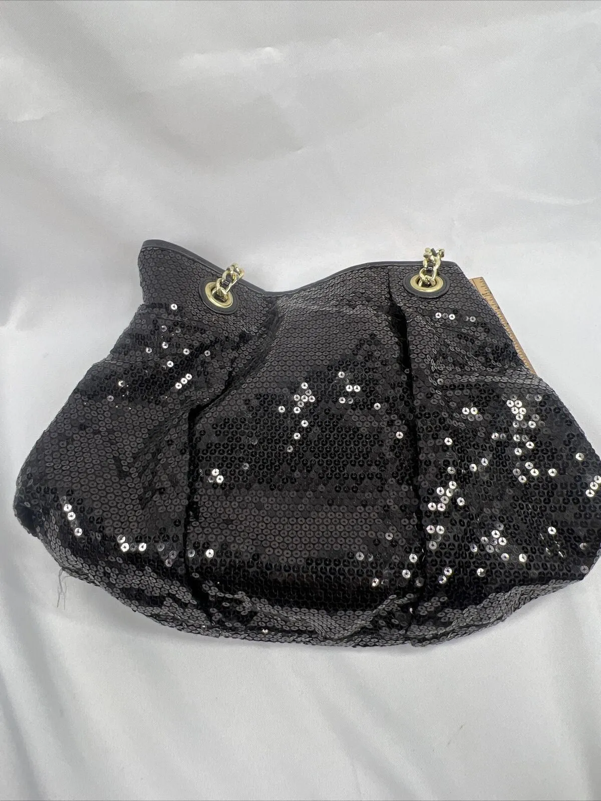 Betsey Johnson Black Sequin Braided Gold Chain Sequin Shoulder Bag Snap Purse