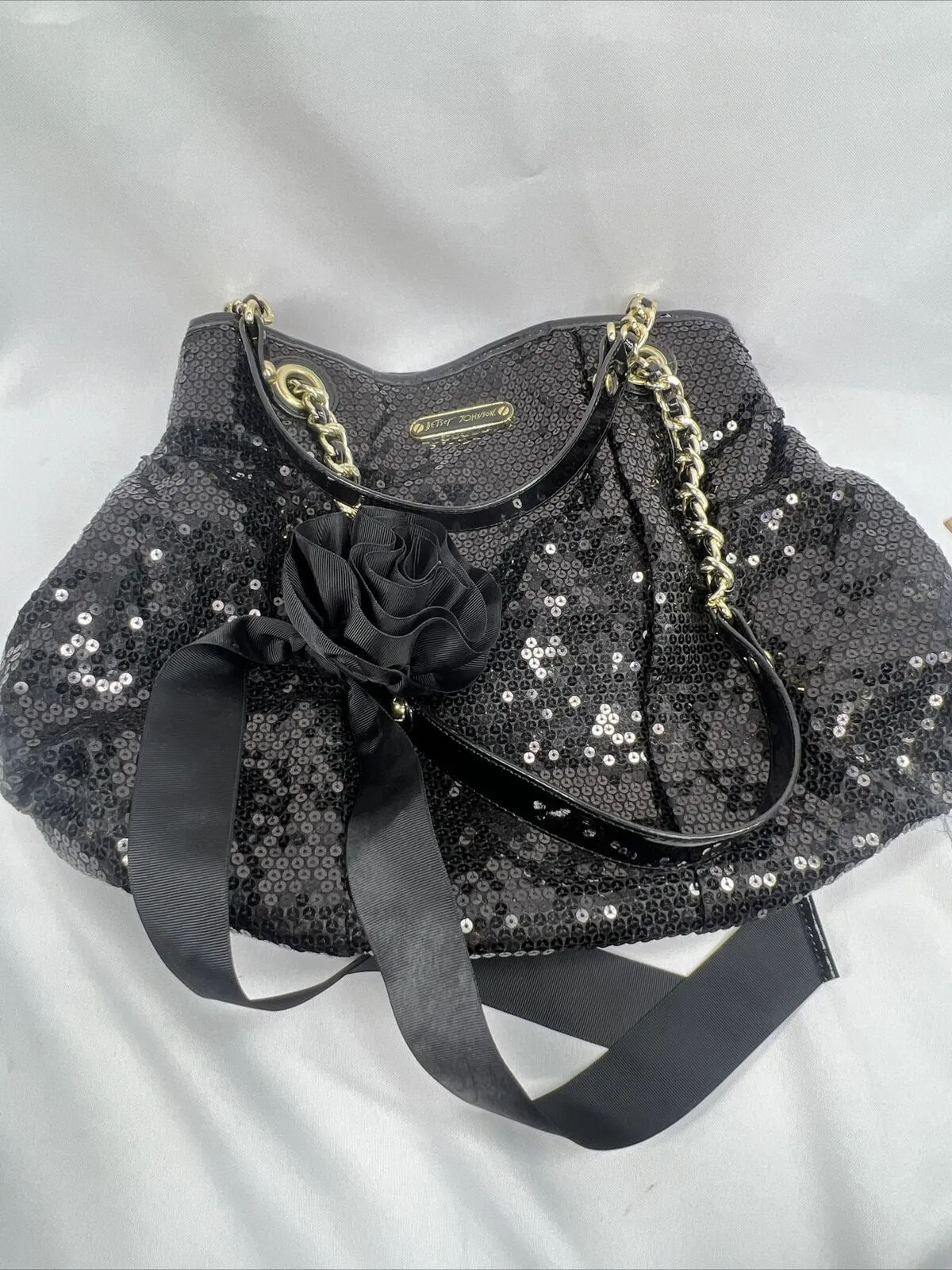 Betsey Johnson Black Sequin Braided Gold Chain Sequin Shoulder Bag Snap Purse