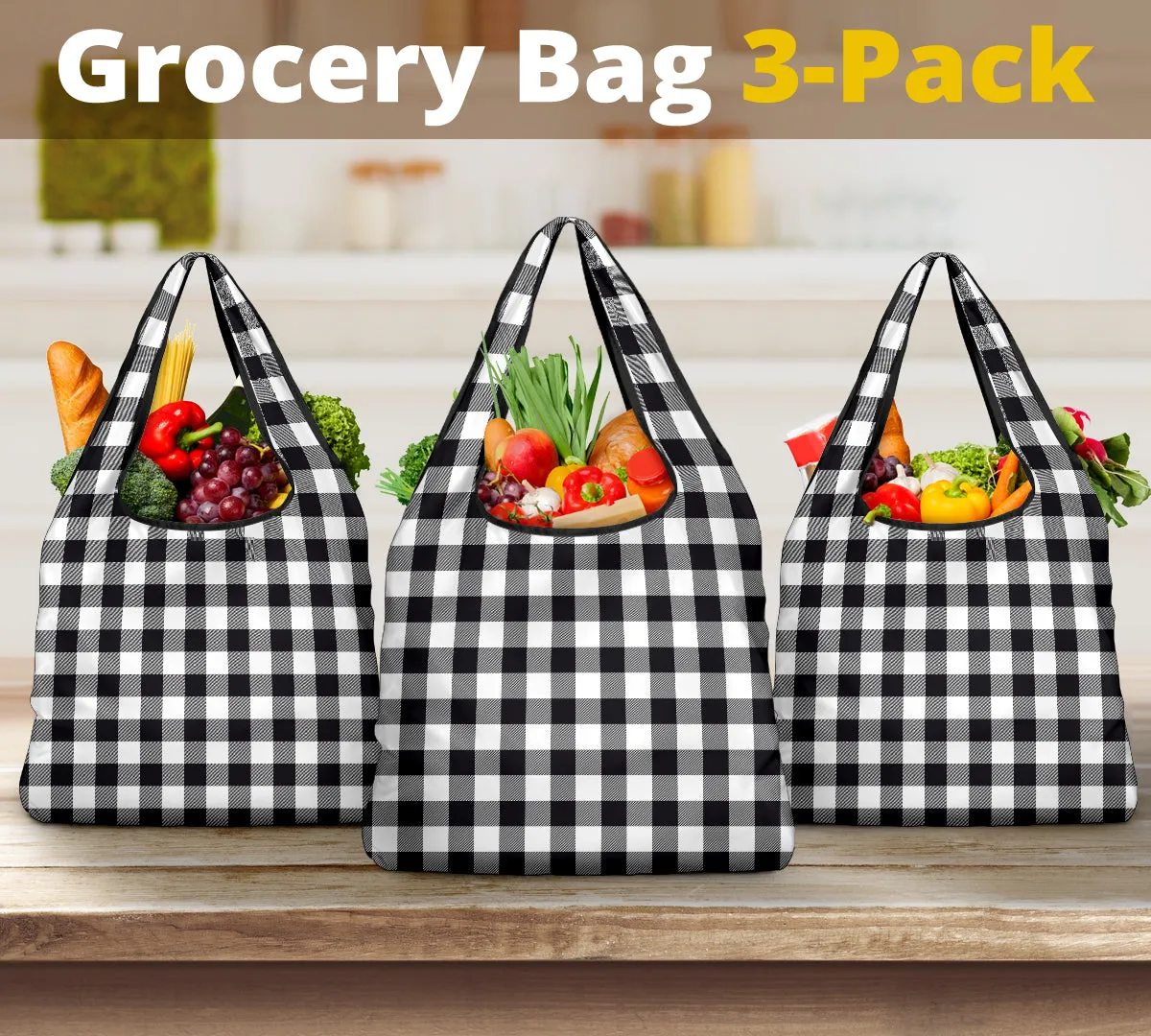Black and White Buffalo Plaid Grocery Bags Pack of 3