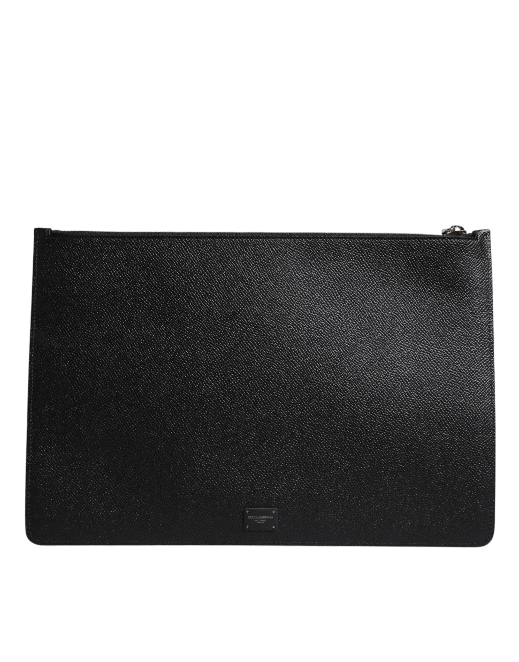 Black Leather Golden Pig Print Logo Plaque Men Pouch Bag
