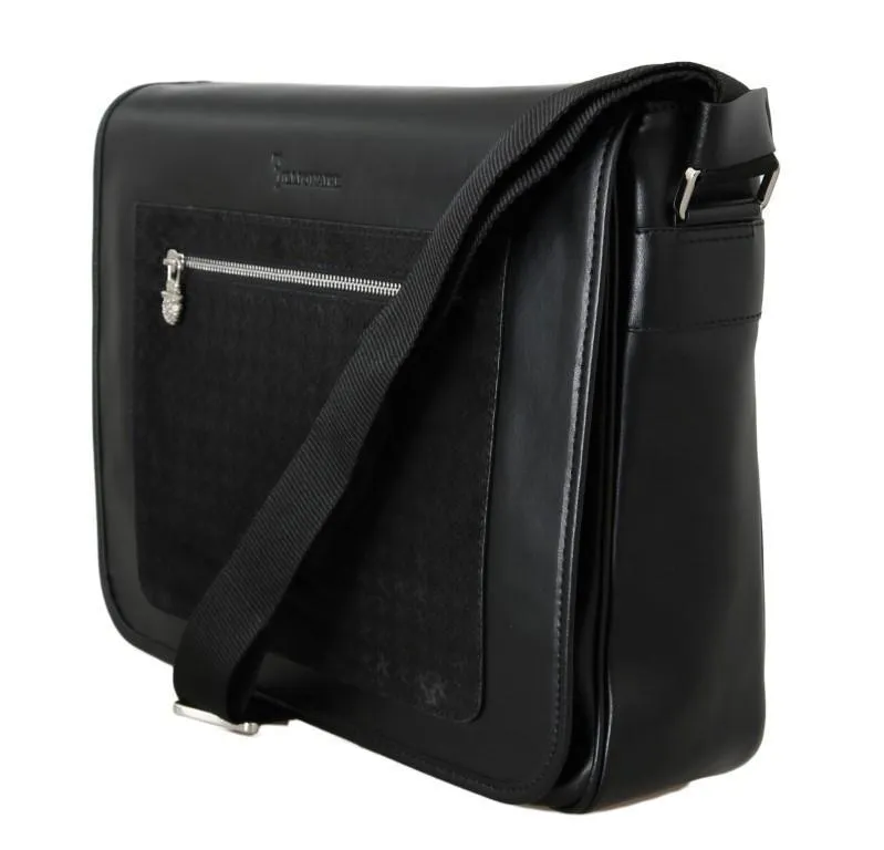 Black Leather Messenger Shoulder Bag