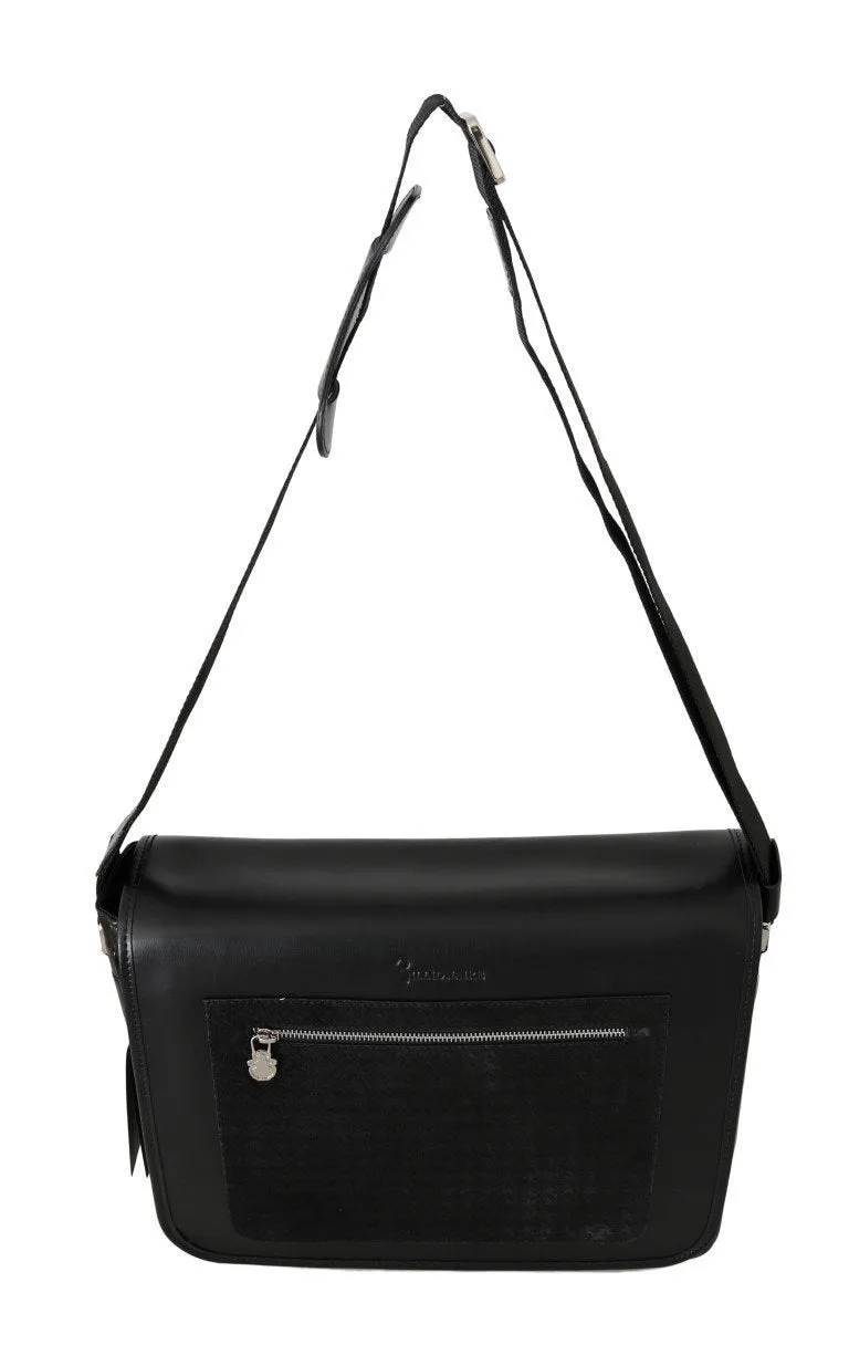 Black Leather Messenger Shoulder Bag
