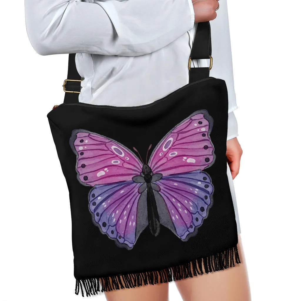 Black With Pink and Purple Watercolor Butterfly Boho Style Bag With Fringe