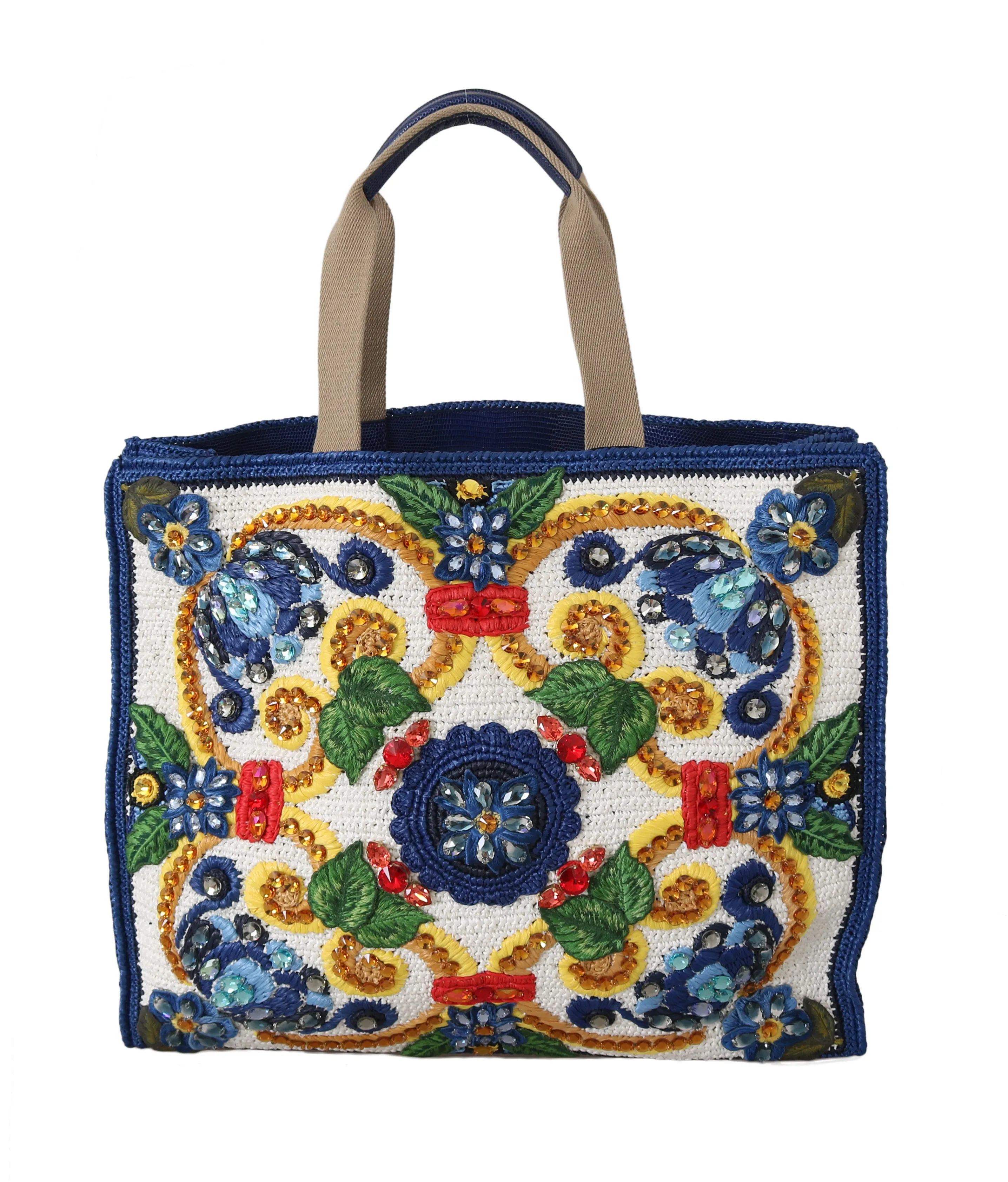 Blue Majolica Raffia Crystal Shopping Tote Purse