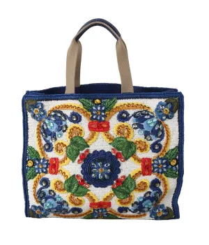 Blue Majolica Raffia Crystal Shopping Tote Purse