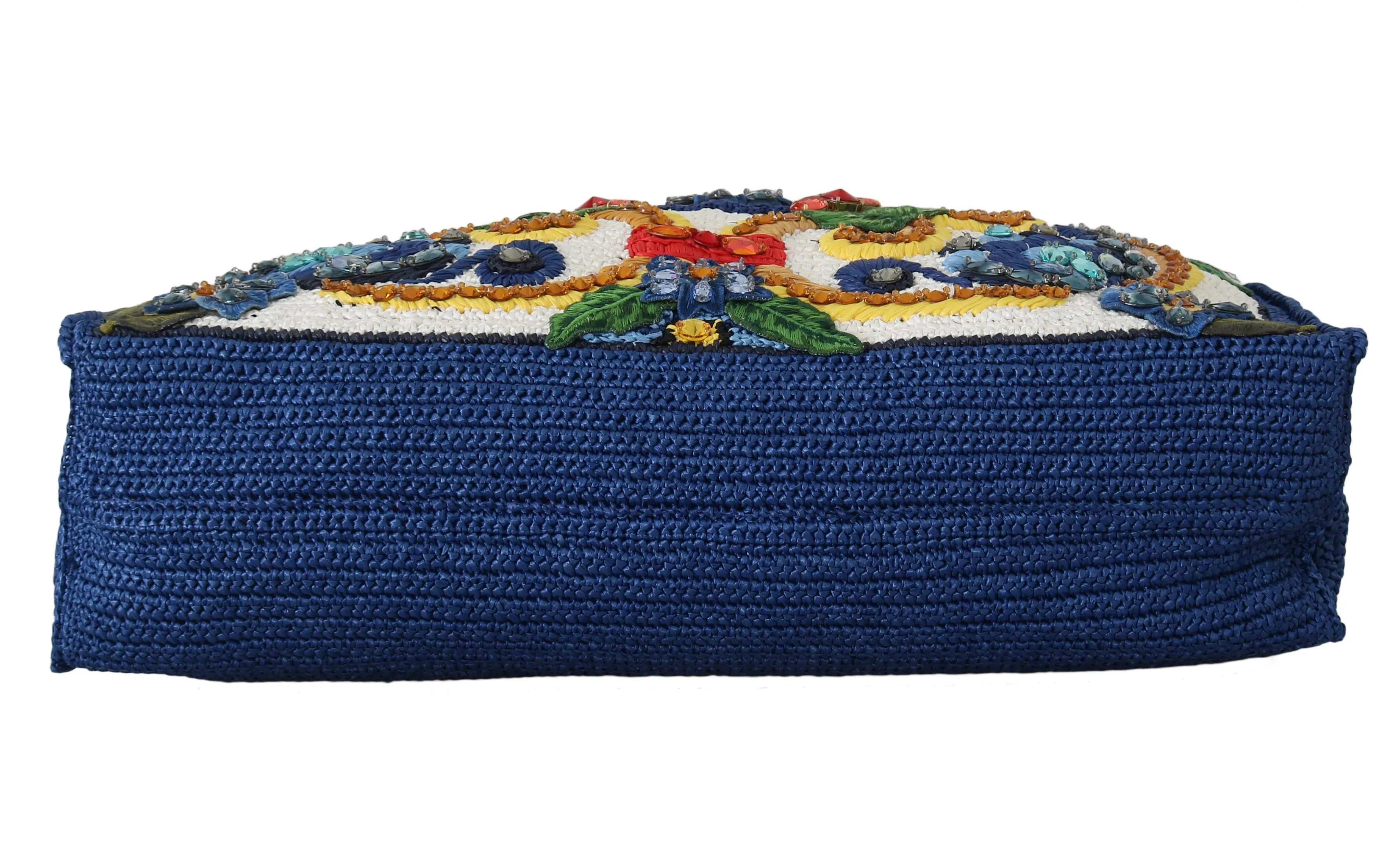 Blue Majolica Raffia Crystal Shopping Tote Purse