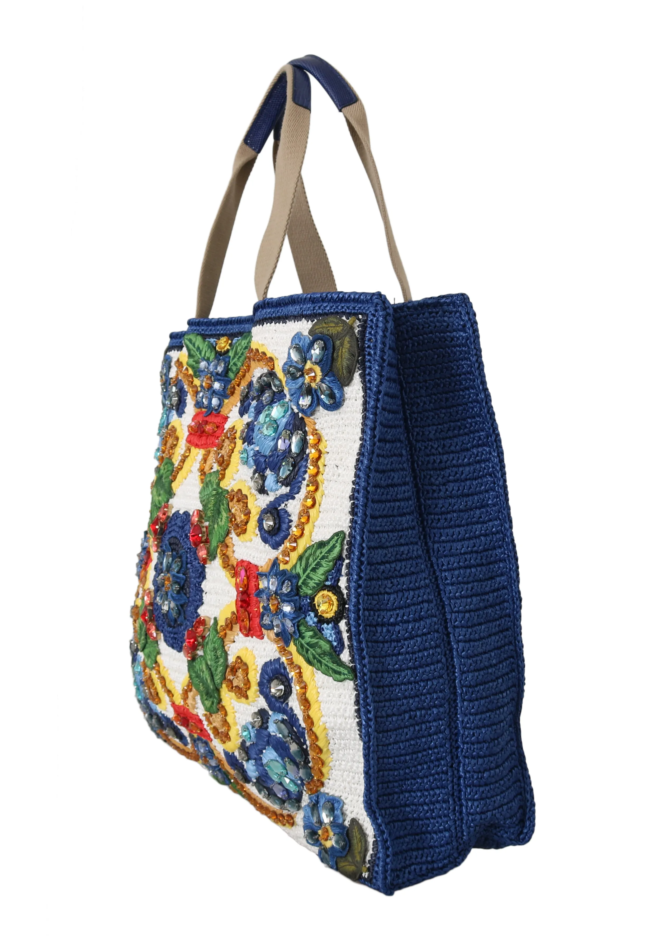 Blue Majolica Raffia Crystal Shopping Tote Purse