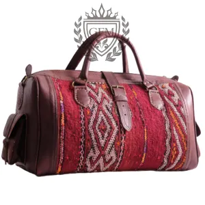 Boho Moroccan Leather Travel Bag – Kilim Rug Weekend Luggage