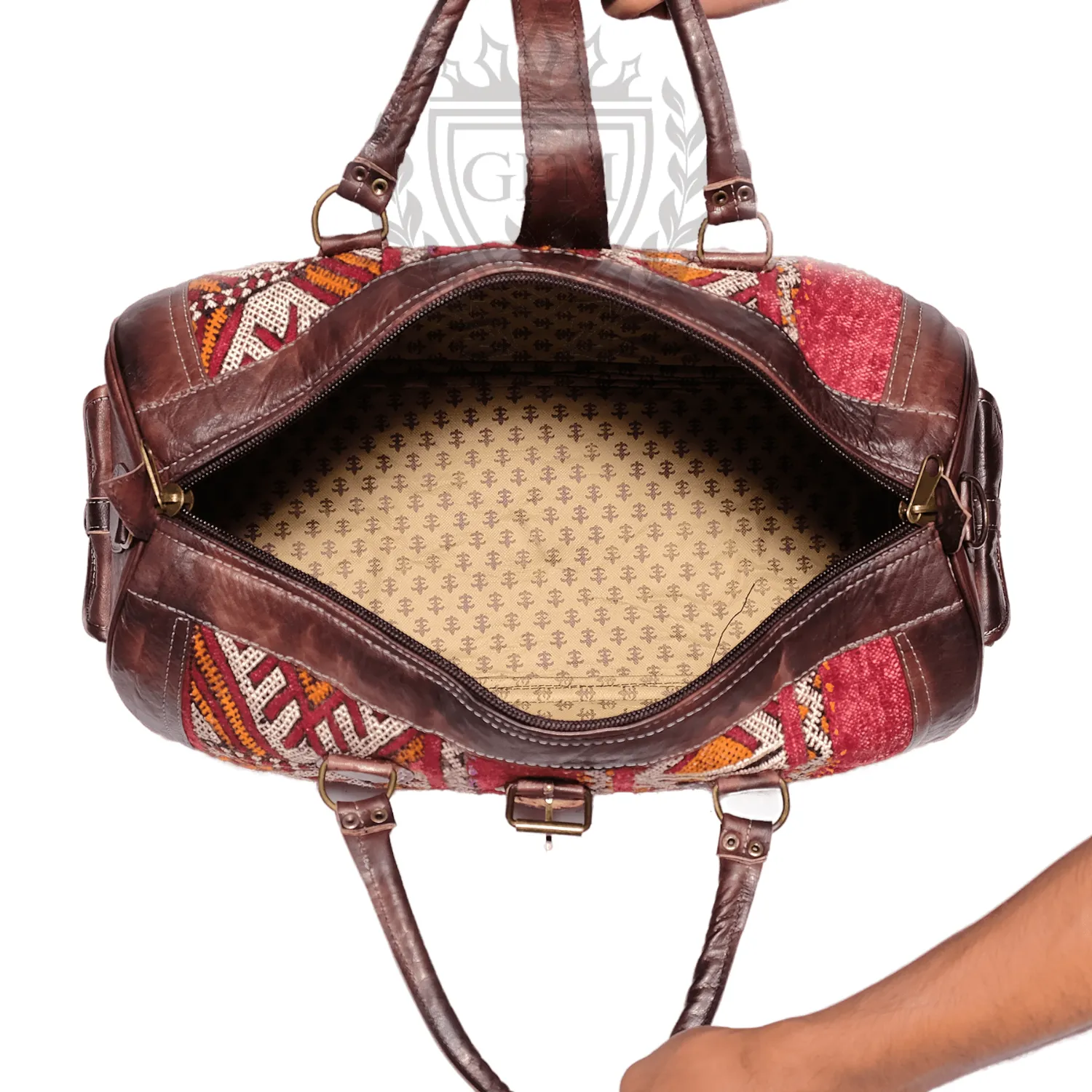 Boho Moroccan Leather Travel Bag – Kilim Rug Weekend Luggage