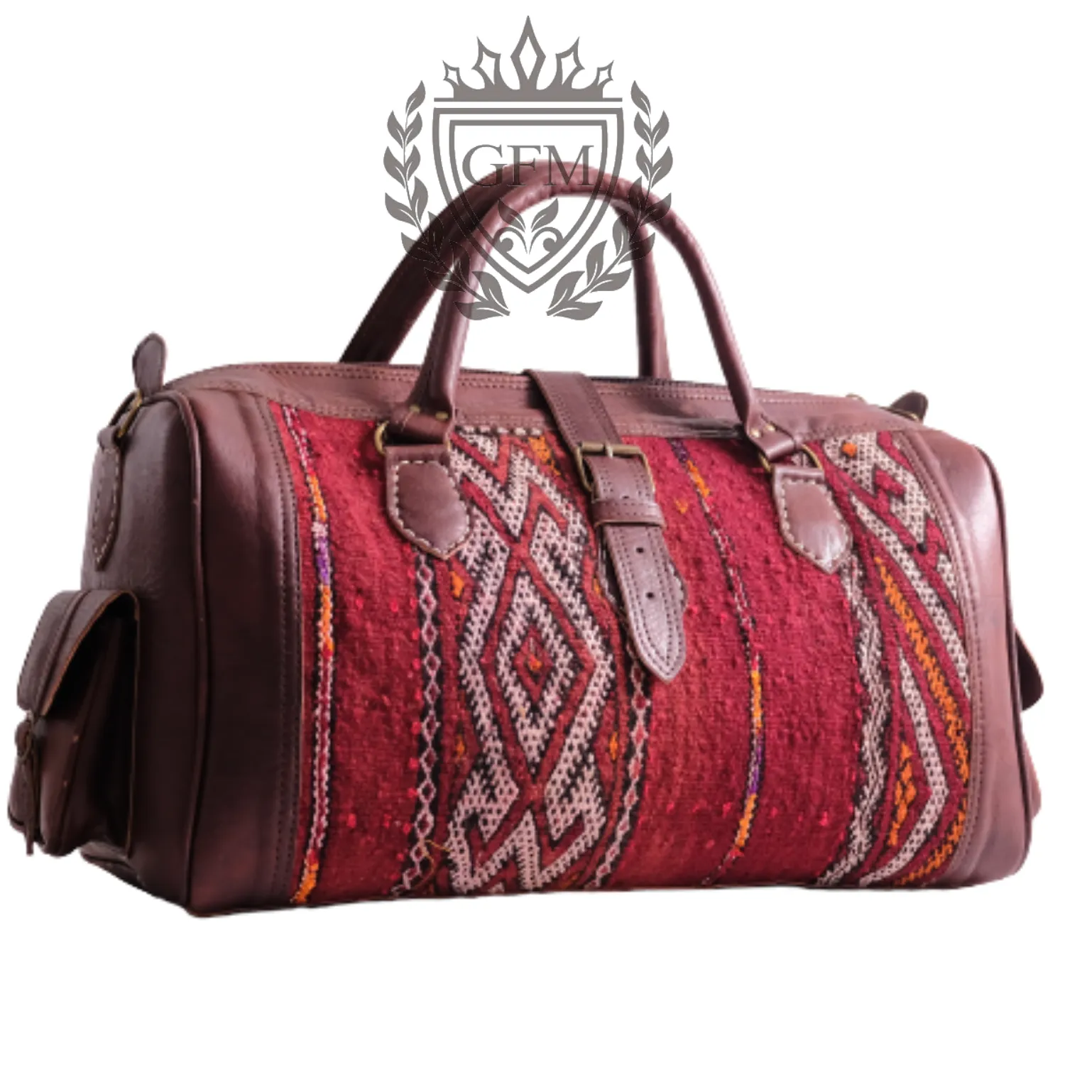 Boho Moroccan Leather Travel Bag – Kilim Rug Weekend Luggage