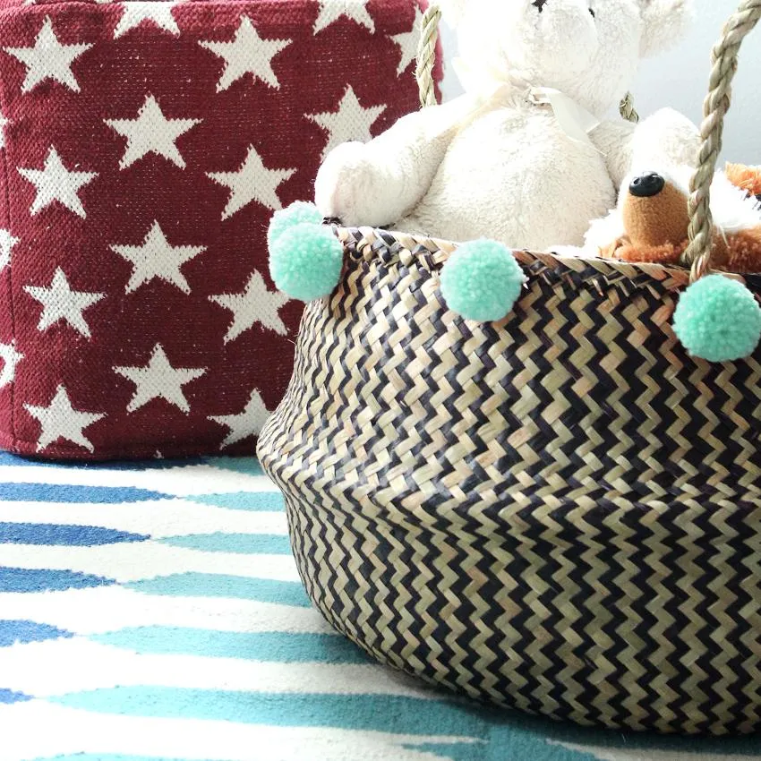 Borneo Extra Wide Zig-zag Organizer Basket - with Mint Pom-poms