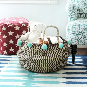 Borneo Extra Wide Zig-zag Organizer Basket - with Mint Pom-poms
