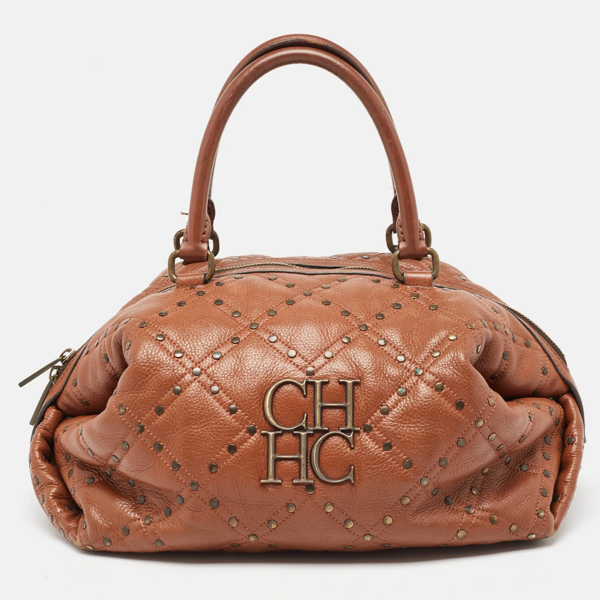 Brown Quilted Leather Rivet Satchel