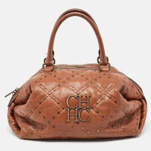 Brown Quilted Leather Rivet Satchel