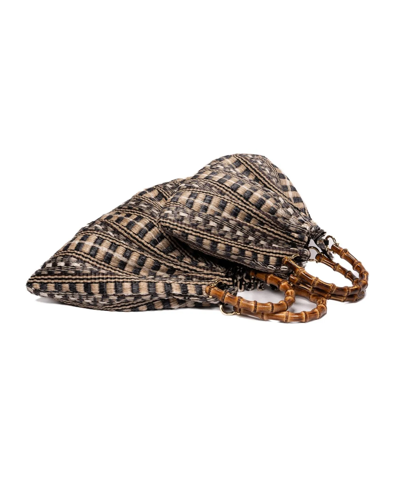 Caterina Raffia Bamboo Bag Aztec pattern Black