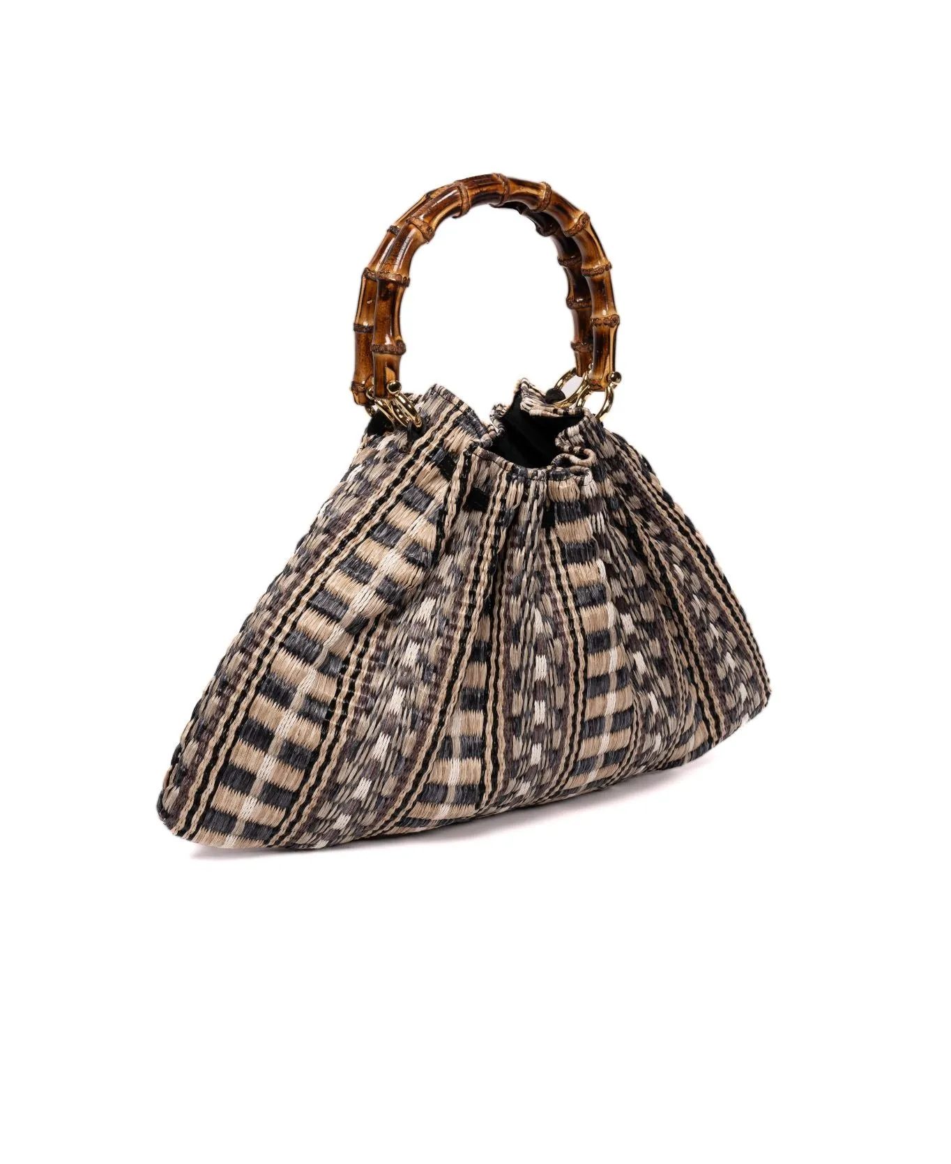Caterina Raffia Bamboo Bag Aztec pattern Black
