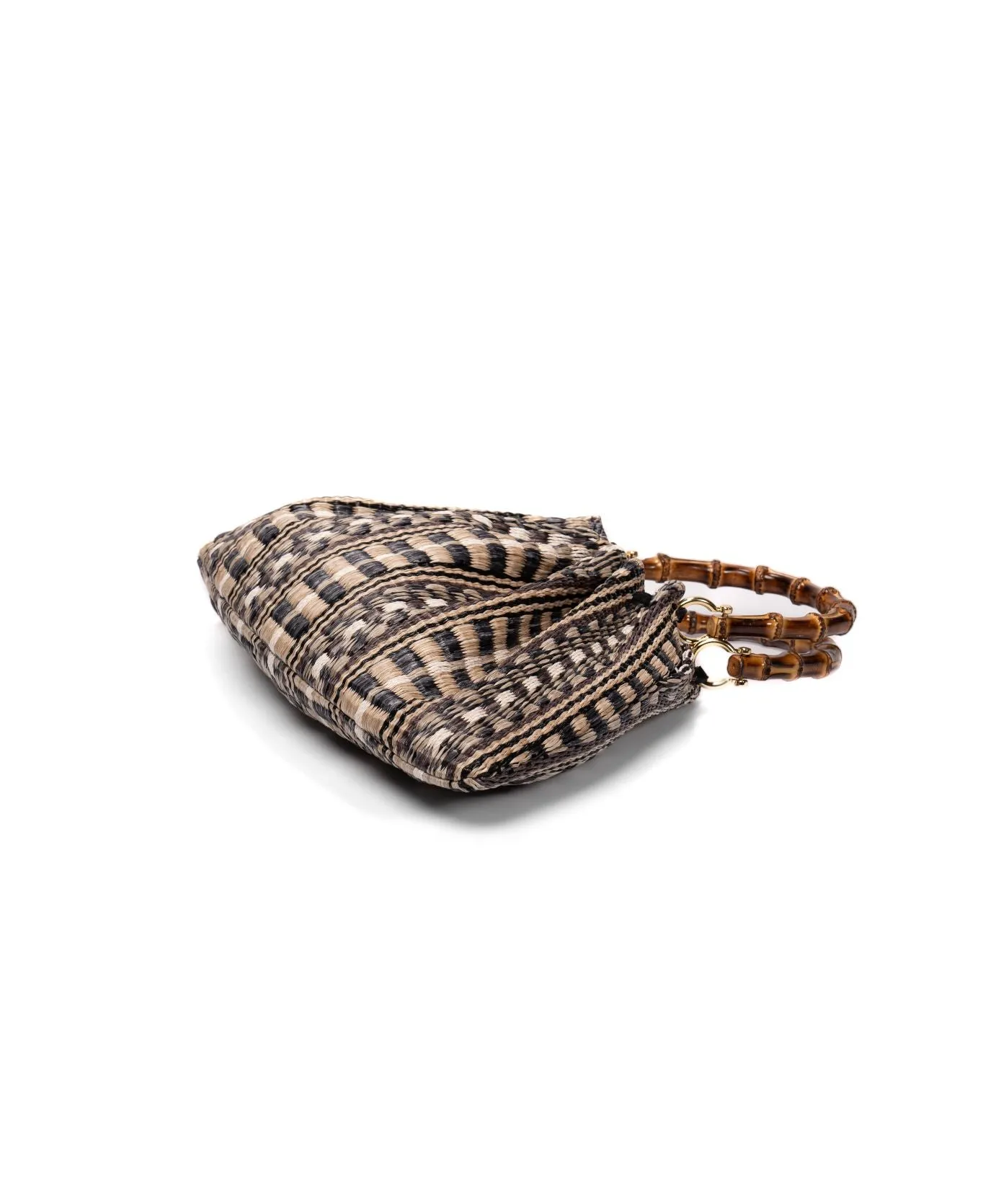 Caterina Raffia Bamboo Bag Aztec pattern Black