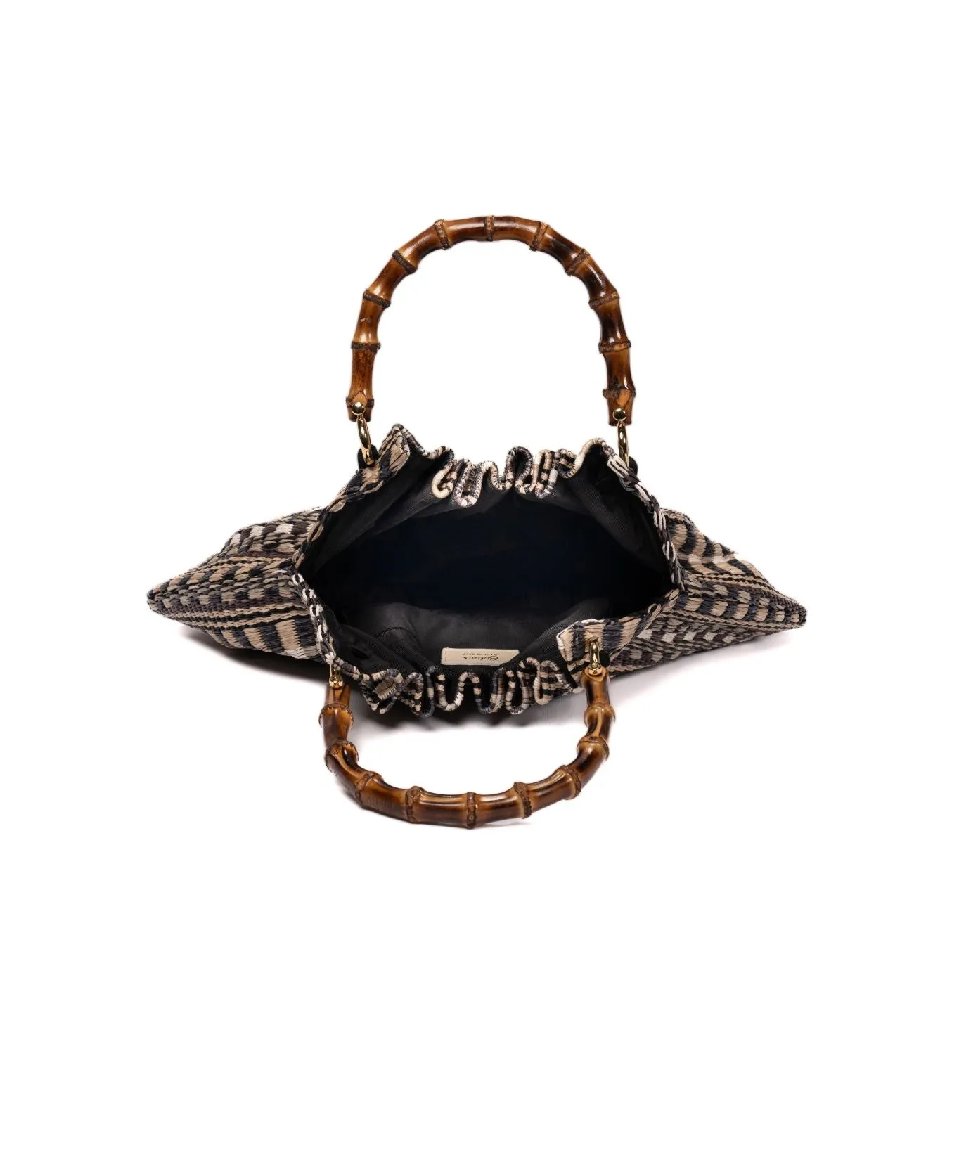 Caterina Raffia Bamboo Bag Aztec pattern Black
