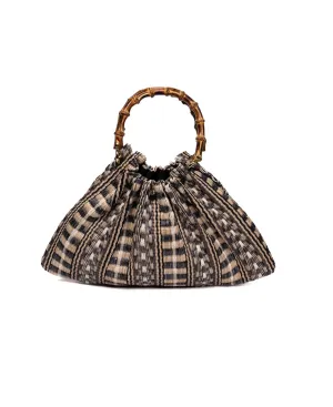 Caterina Raffia Bamboo Bag Aztec pattern Black