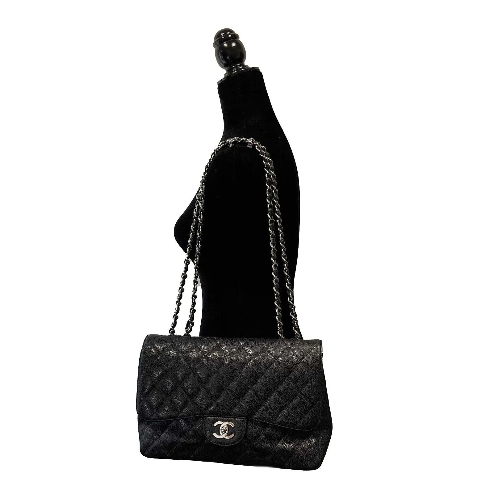 CHANEL - Black CC Caviar Quilted Leather Jumbo Shoulder Bag